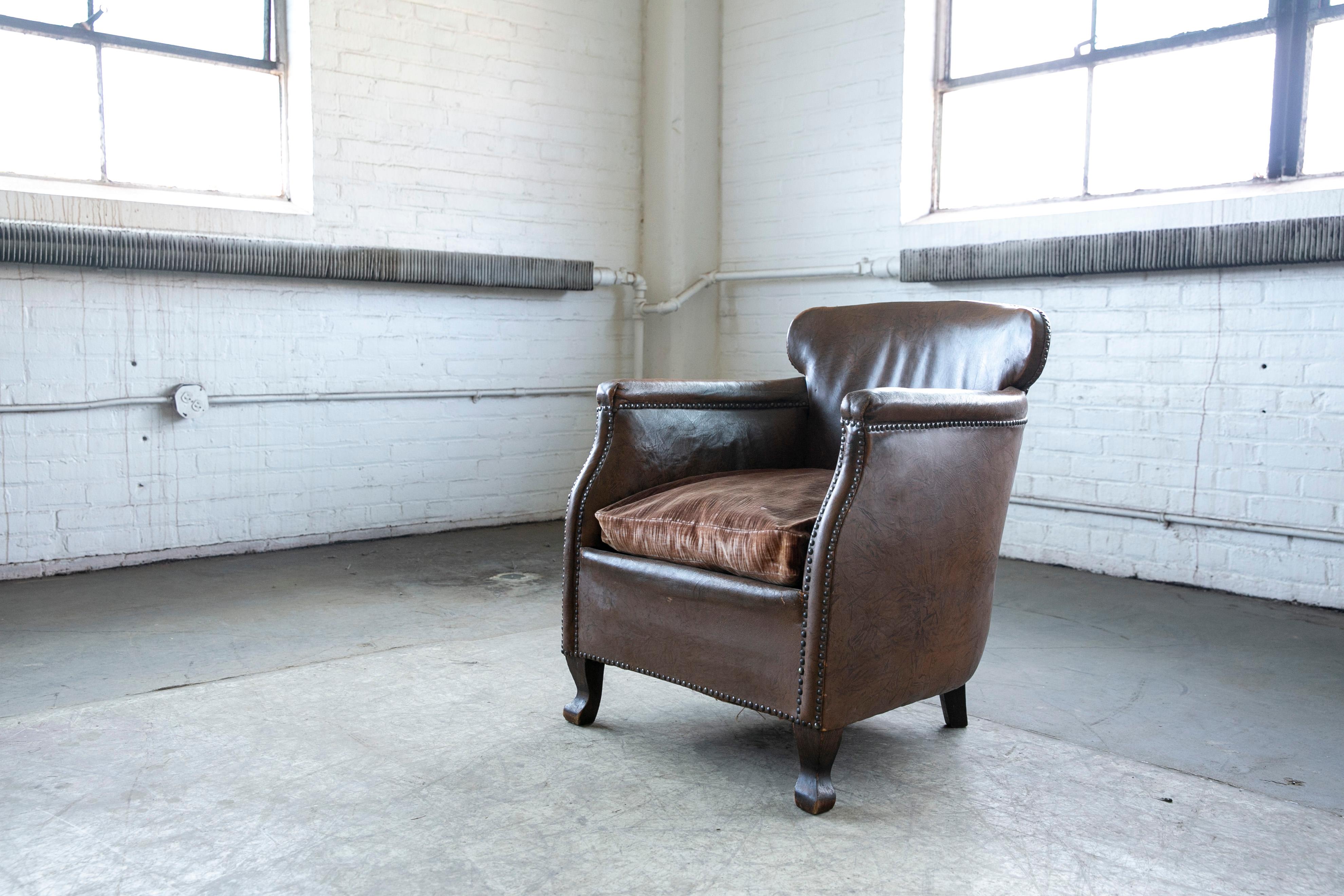 Danish 1930-40s Small-Scale Club Chair in Cognac Leather with Cabriole Legs 4