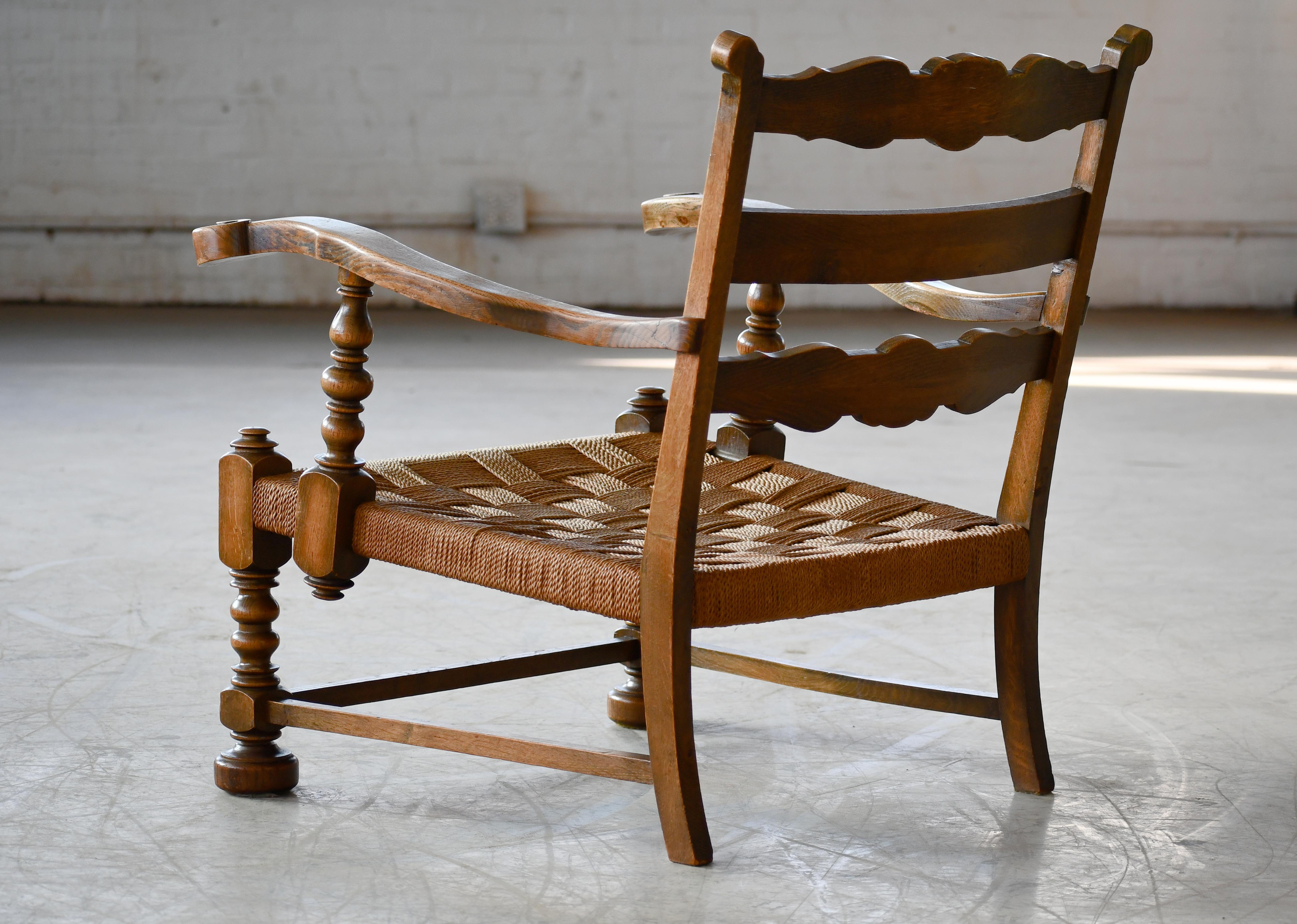 Danish 1930 or 1940s Carved Mahogany Armchair with Rush Seat For Sale 5