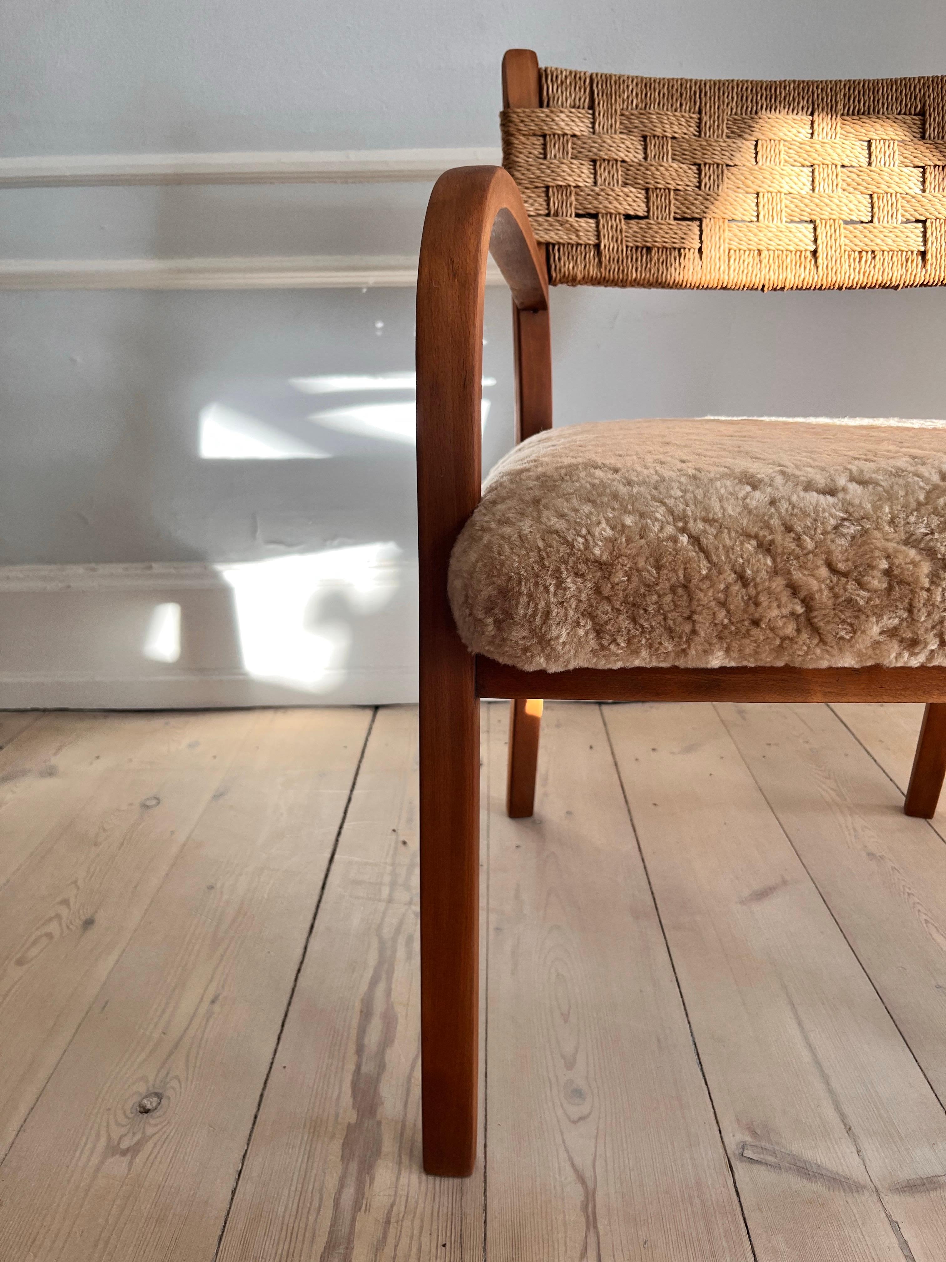 Hand-Crafted Danish 1930s armchair with reupholstered seat i soft lambskin For Sale