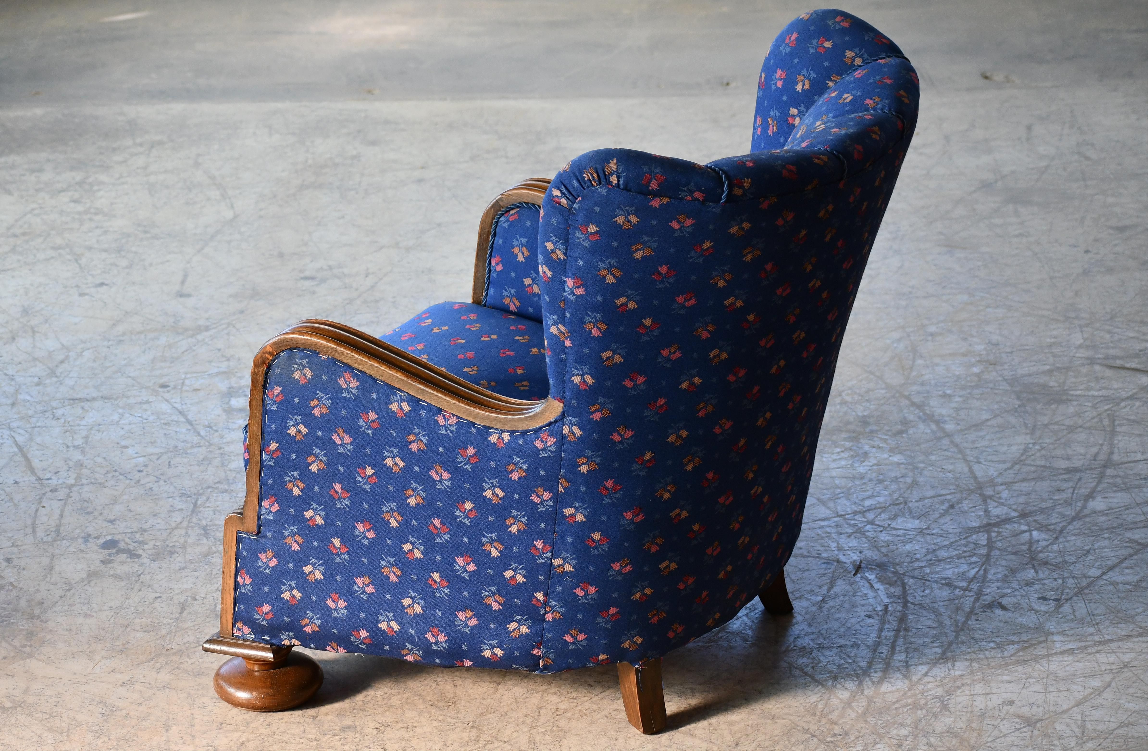 Wool Danish 1930s Art Deco Large Club or Lounge Chair with Intricate Carved Oak Frame For Sale