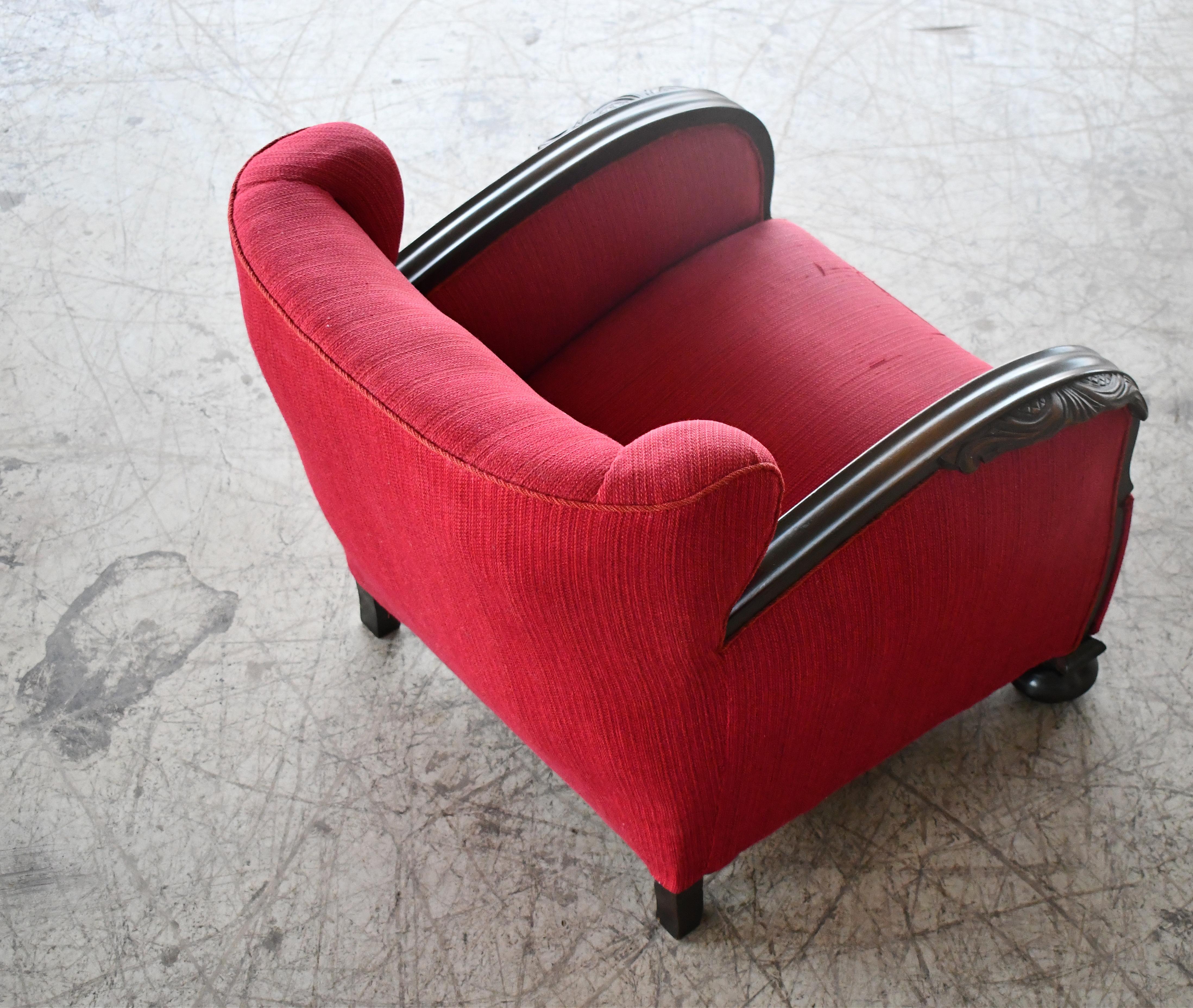 Danish 1930s Art Deco Lounge Chair in Red Mohair with Carved Armrests For Sale 6
