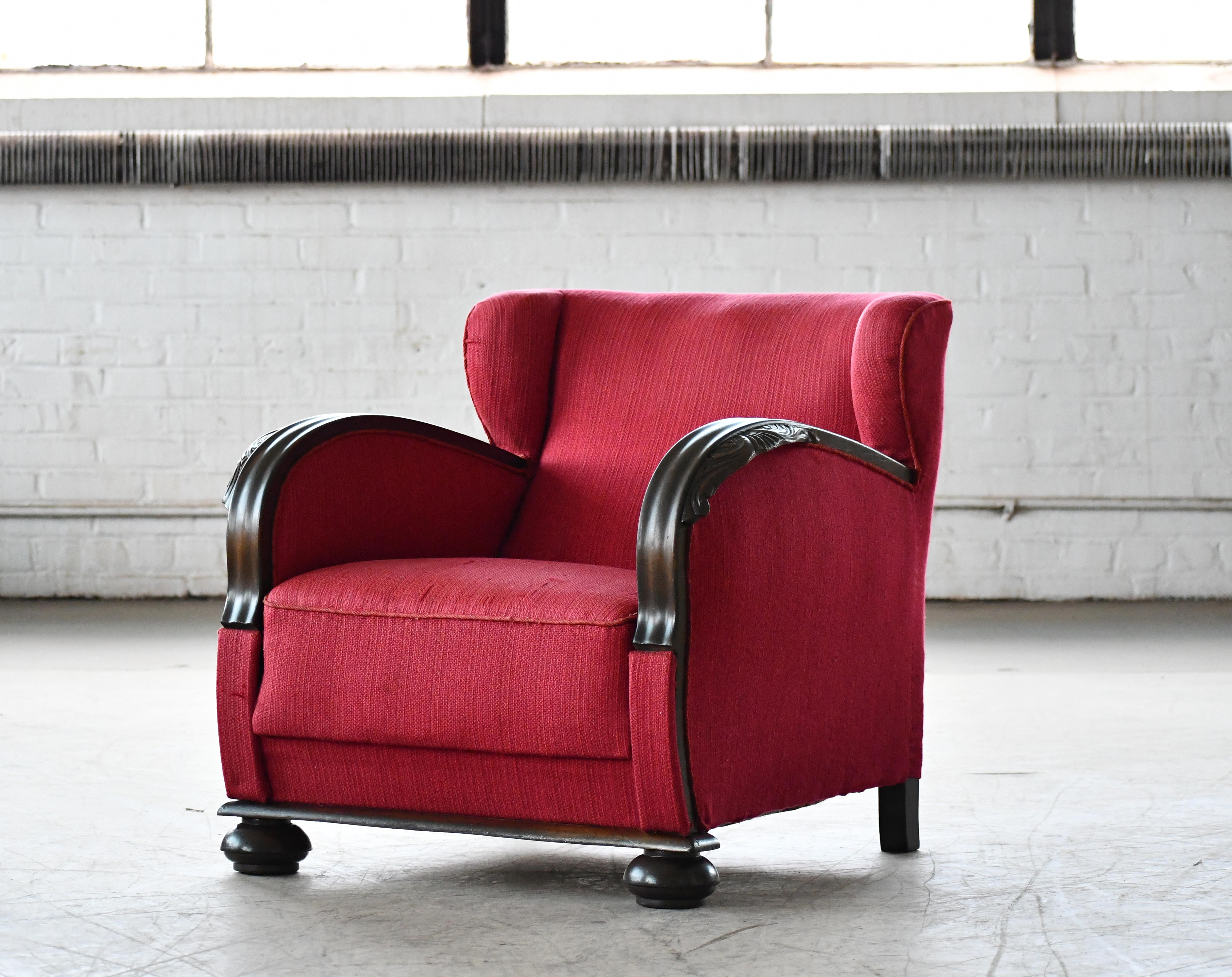 Danish 1930s Art Deco Lounge Chair in Red Mohair with Carved Armrests In Good Condition For Sale In Bridgeport, CT
