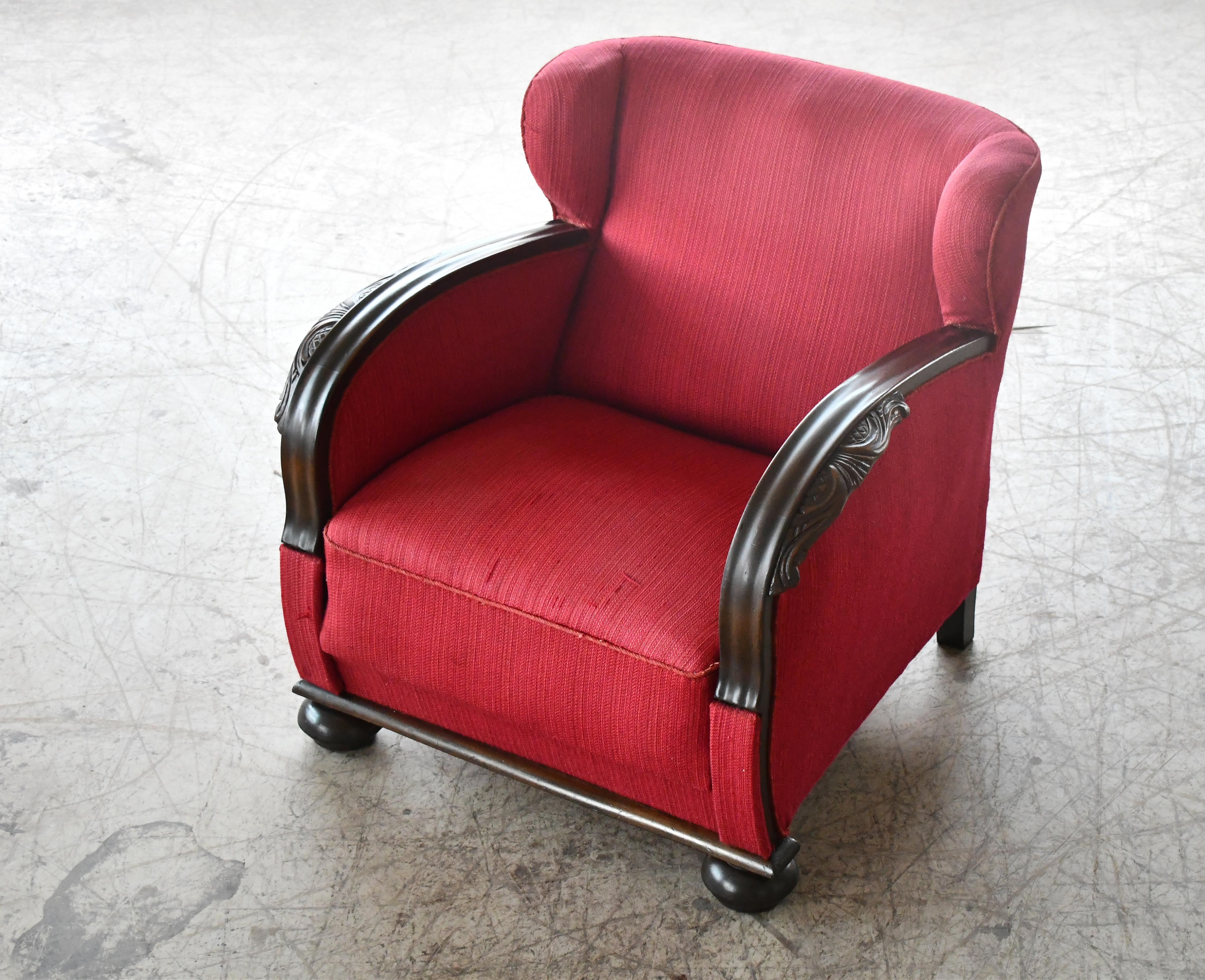Mid-20th Century Danish 1930s Art Deco Lounge Chair in Red Mohair with Carved Armrests For Sale