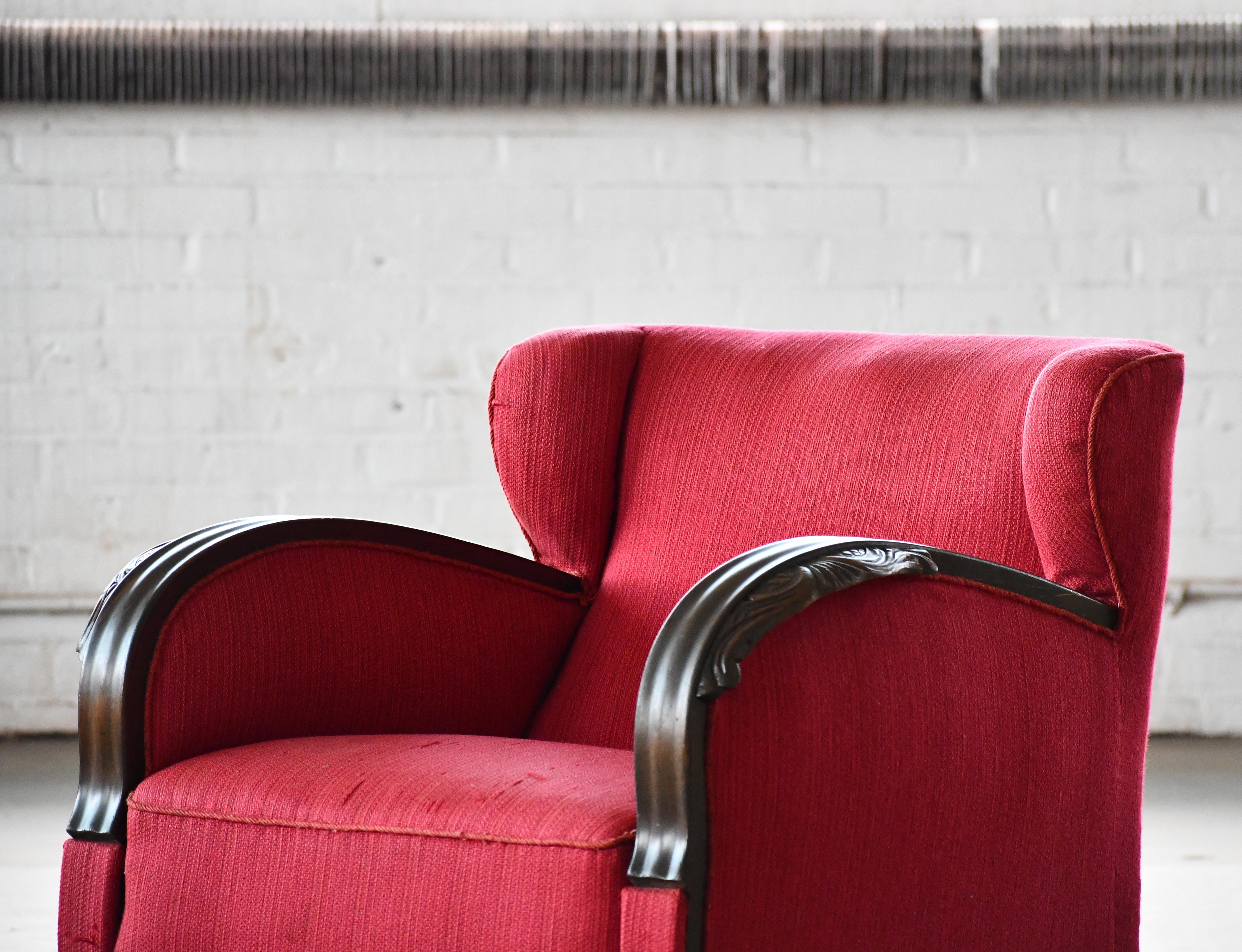 Danish 1930s Art Deco Lounge Chair in Red Mohair with Carved Armrests For Sale 2