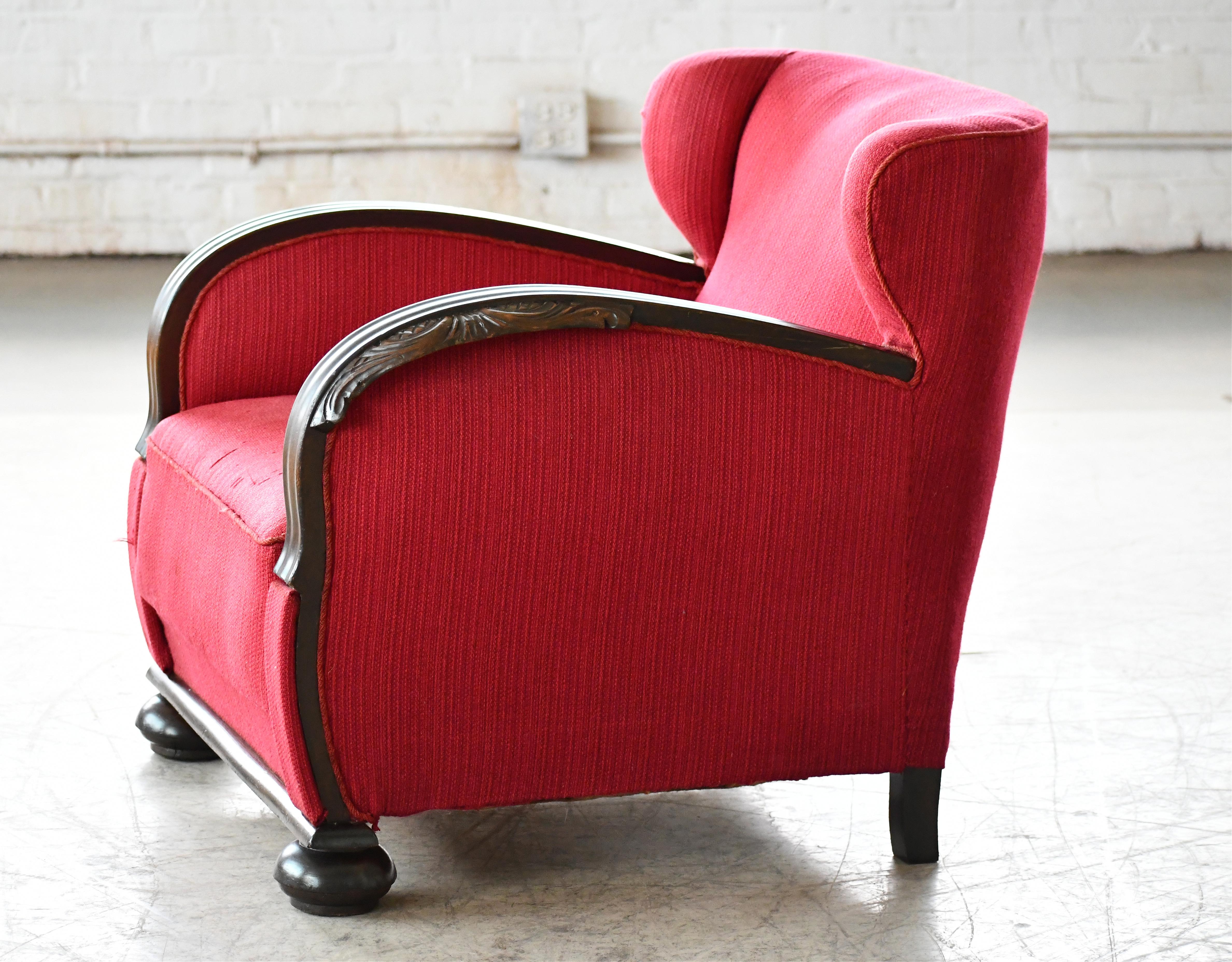 Danish 1930s Art Deco Lounge Chair in Red Mohair with Carved Armrests For Sale 3