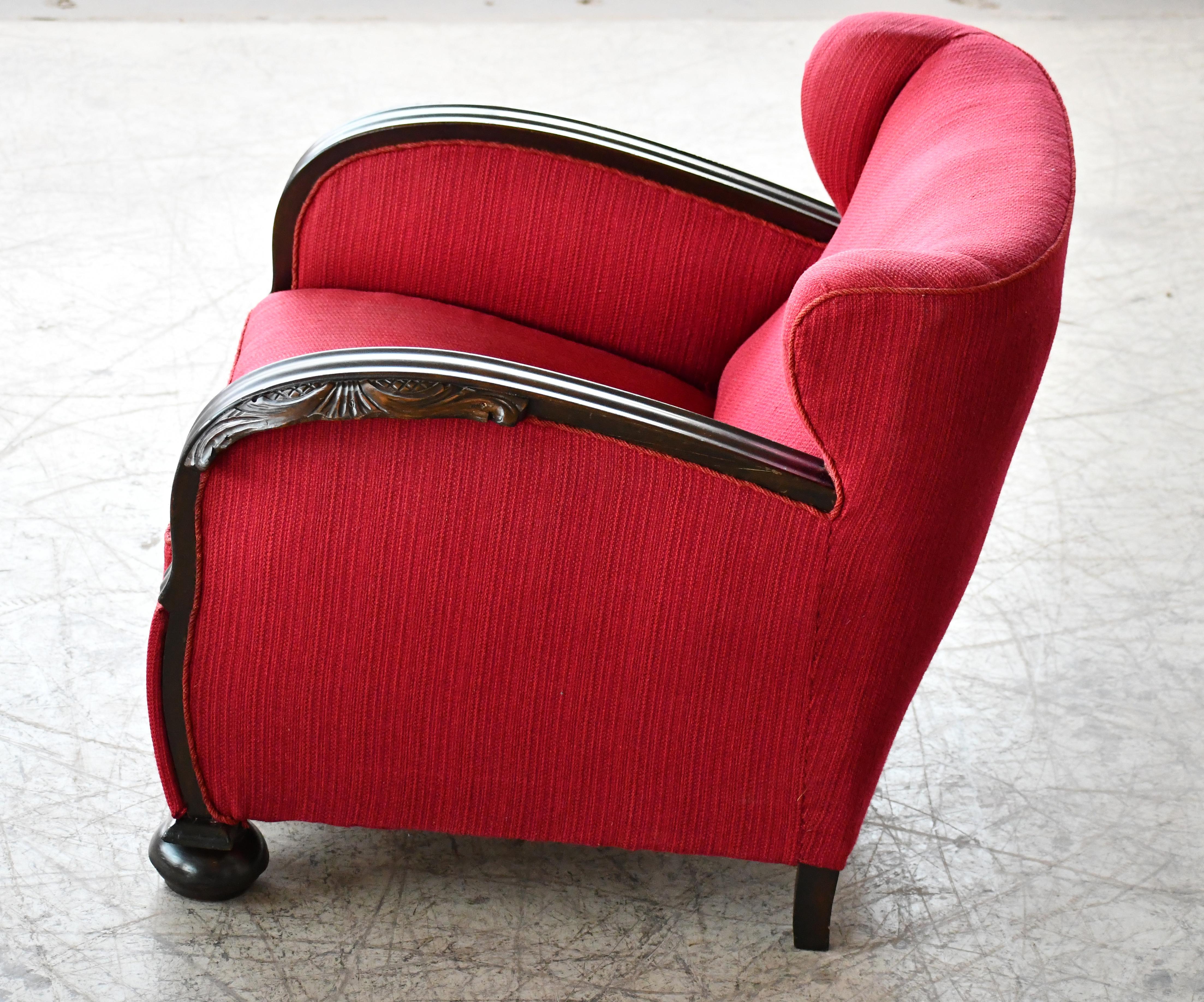 Danish 1930s Art Deco Lounge Chair in Red Mohair with Carved Armrests For Sale 4