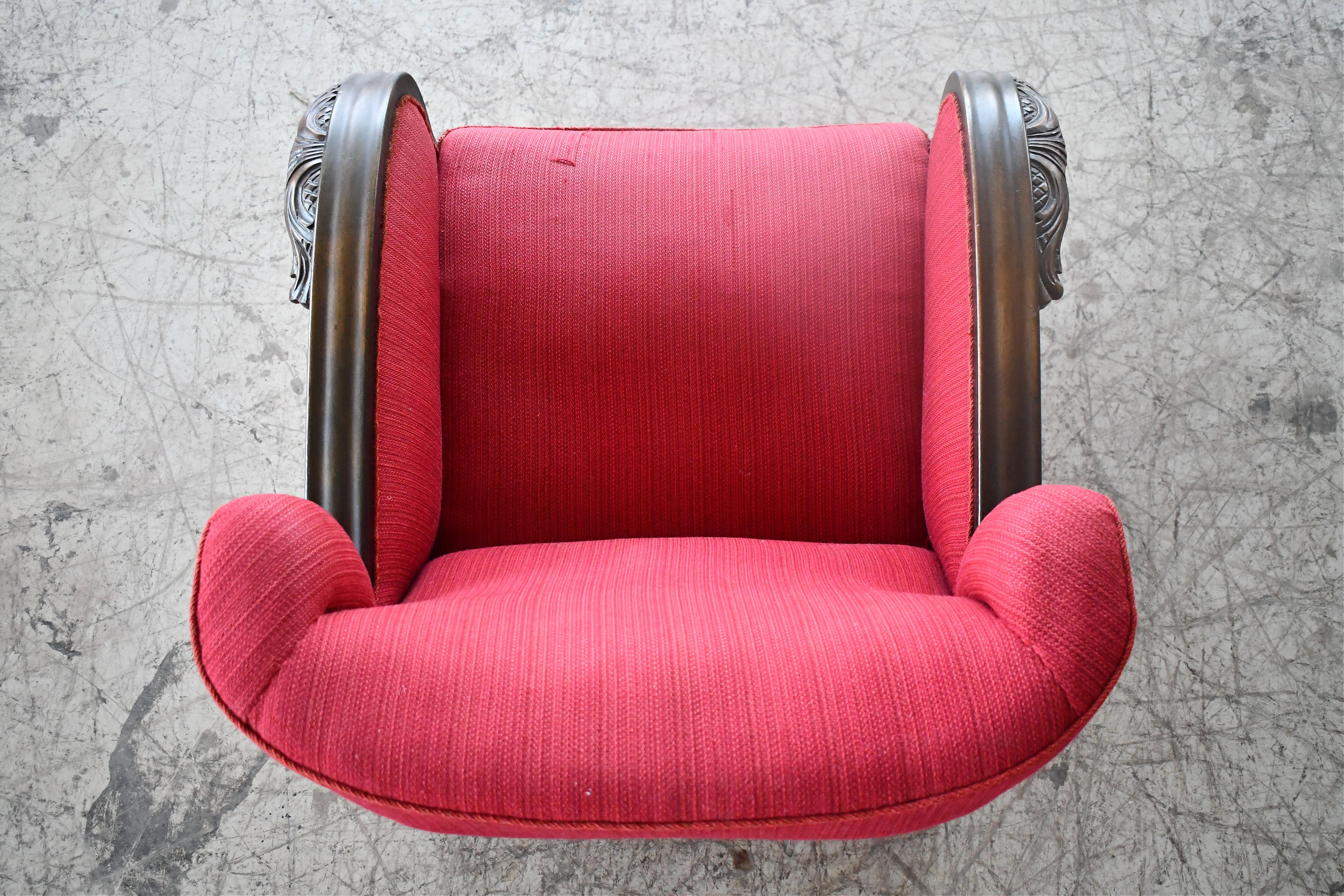 Danish 1930s Art Deco Lounge Chair in Red Mohair with Carved Armrests For Sale 5