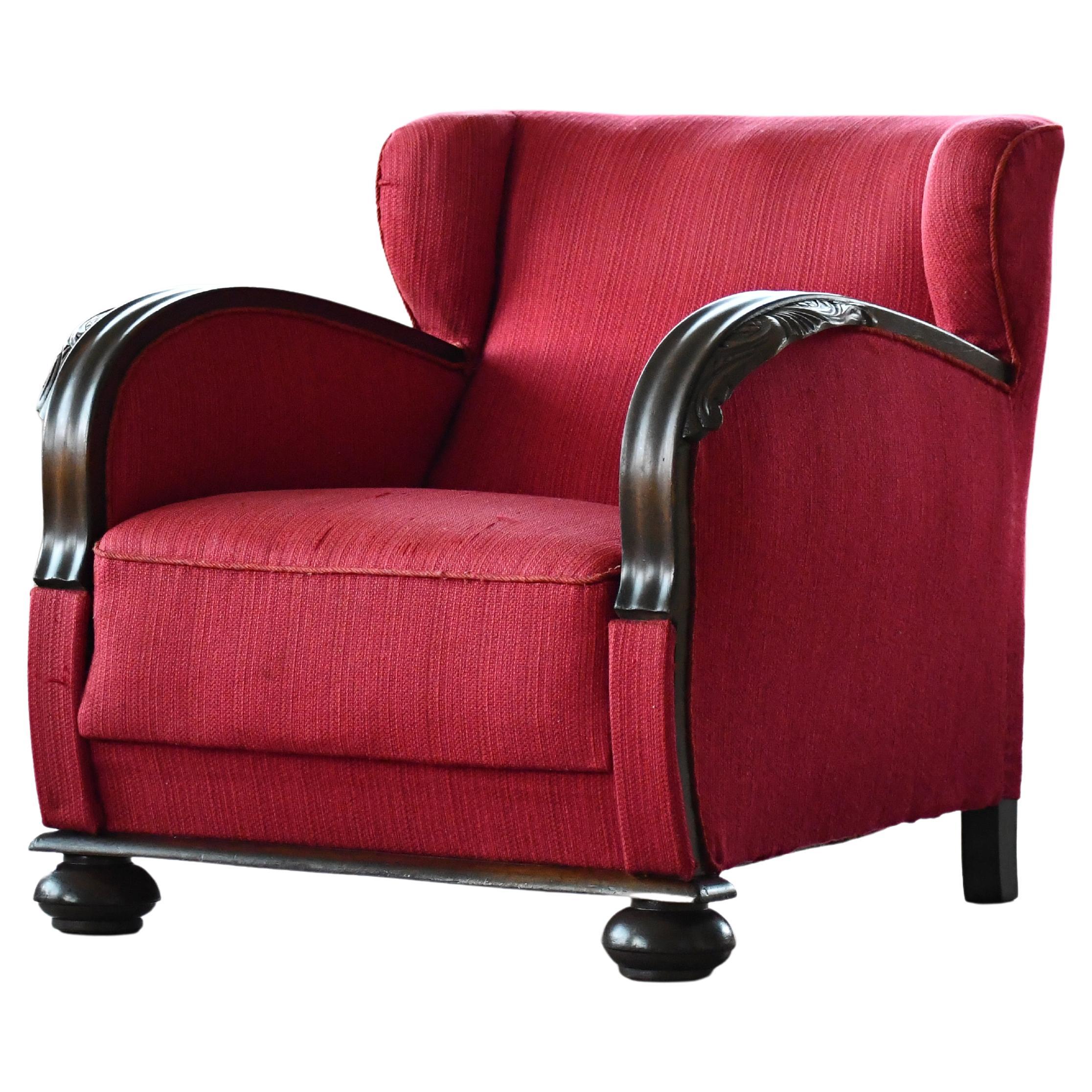Danish 1930s Art Deco Lounge Chair in Red Mohair with Carved Armrests For Sale