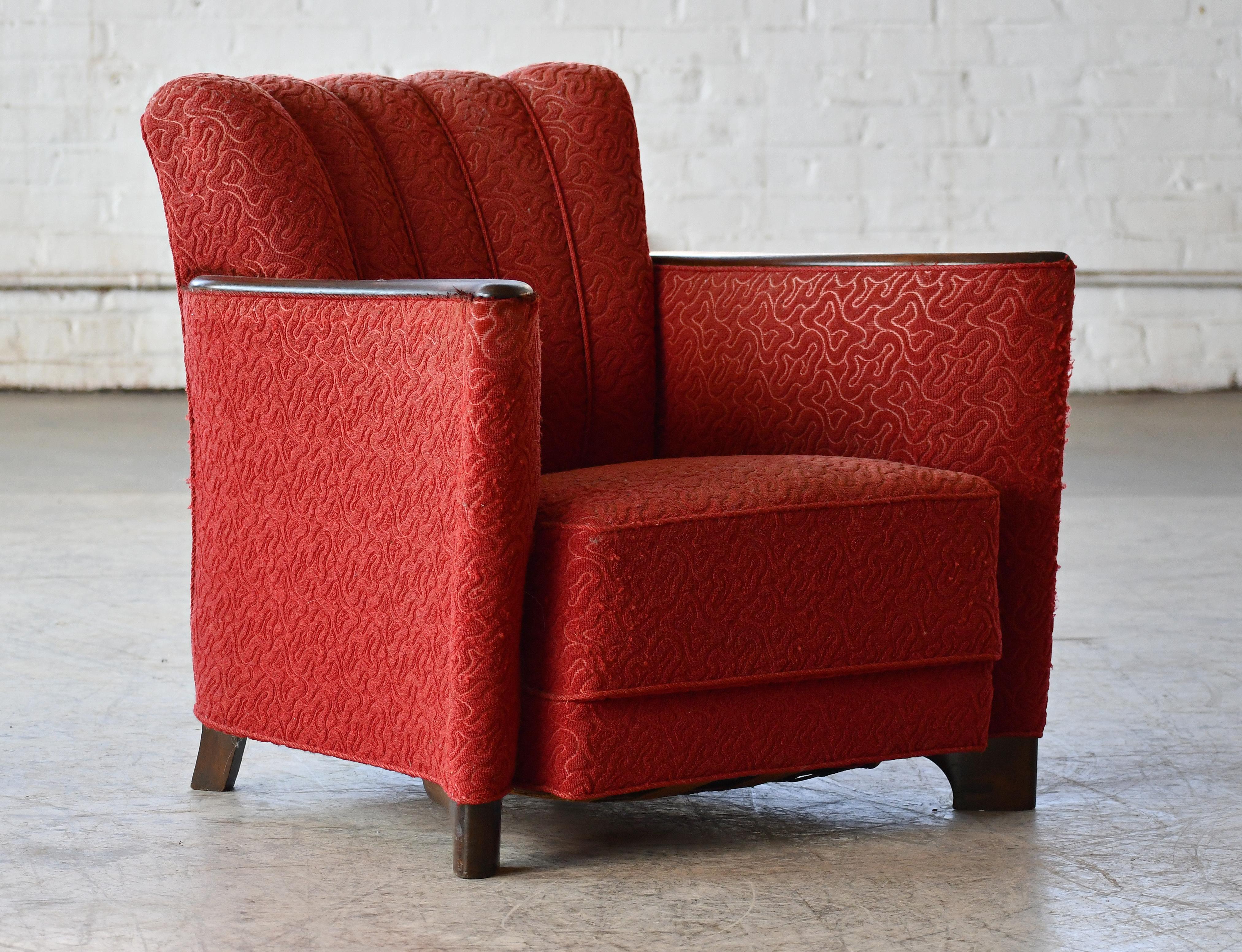 Wool Danish 1930s Art Deco Lounge Chair in Red Mohair with Mahogany Accents For Sale
