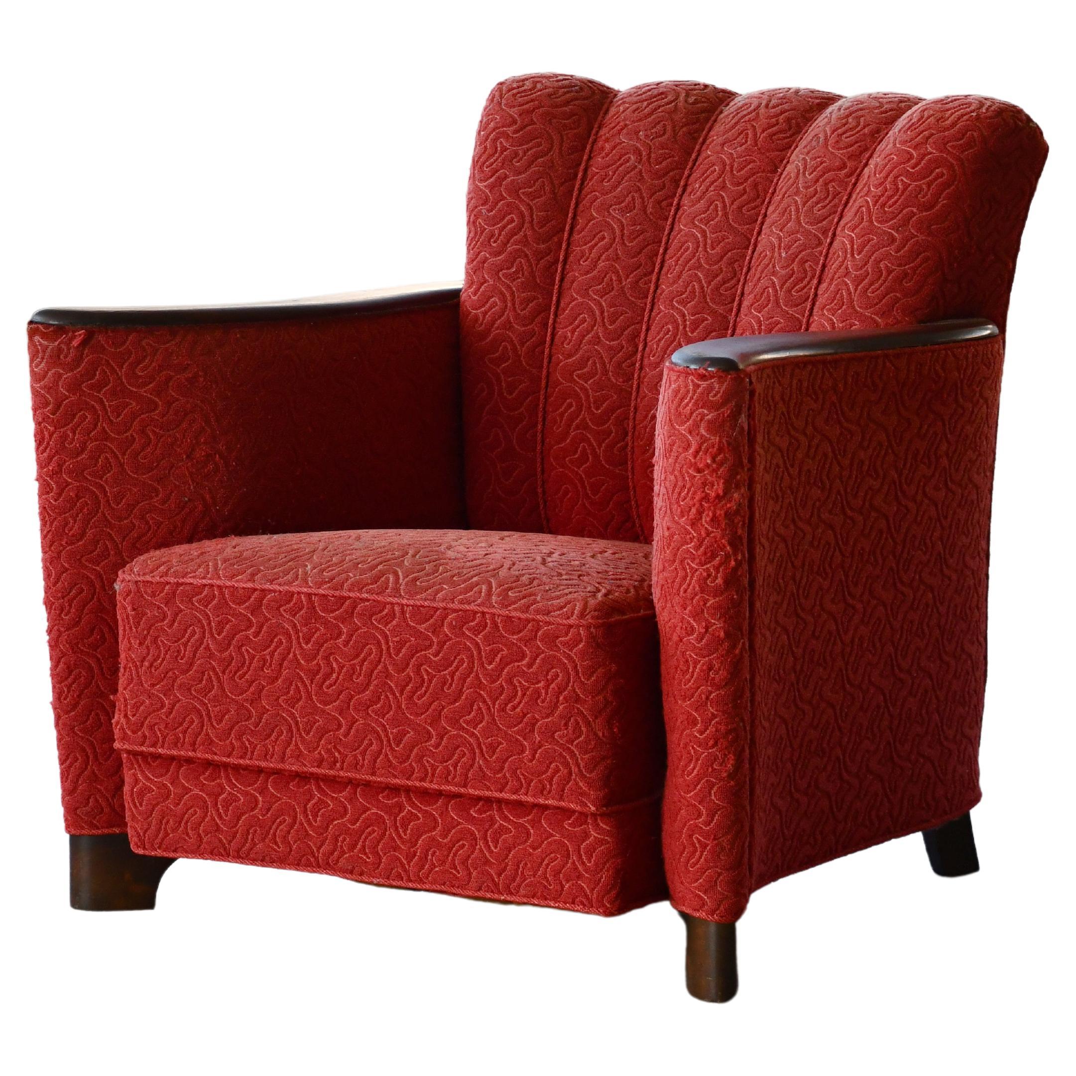 Danish 1930s Art Deco Lounge Chair in Red Mohair with Mahogany Accents