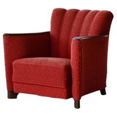 Danish 1930s Art Deco Lounge Chair in Red Mohair with Mahogany Accents