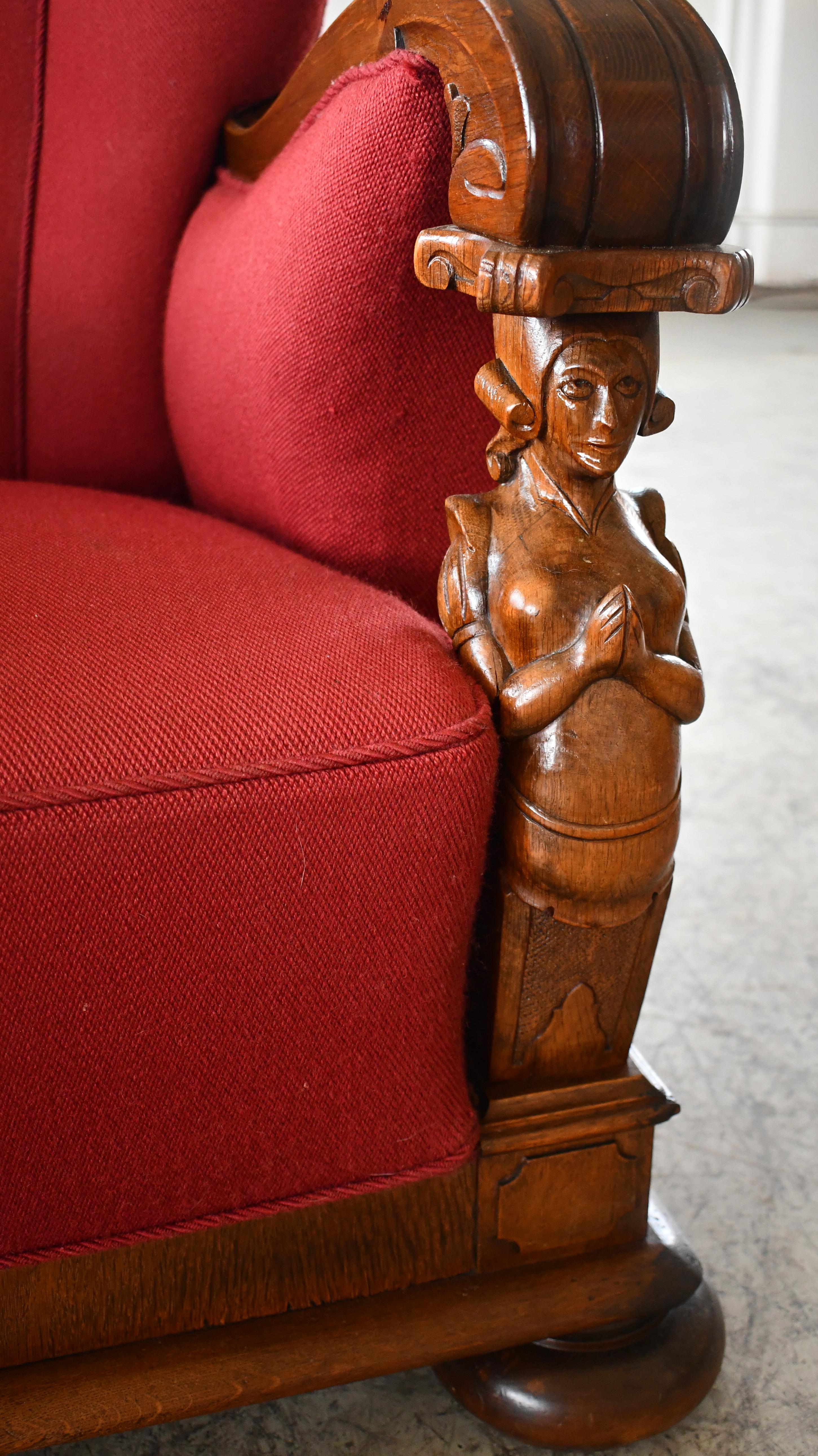Wool Danish 1930s Large Scale Club or Chair with Figurines Carved into Oak Armrests  For Sale
