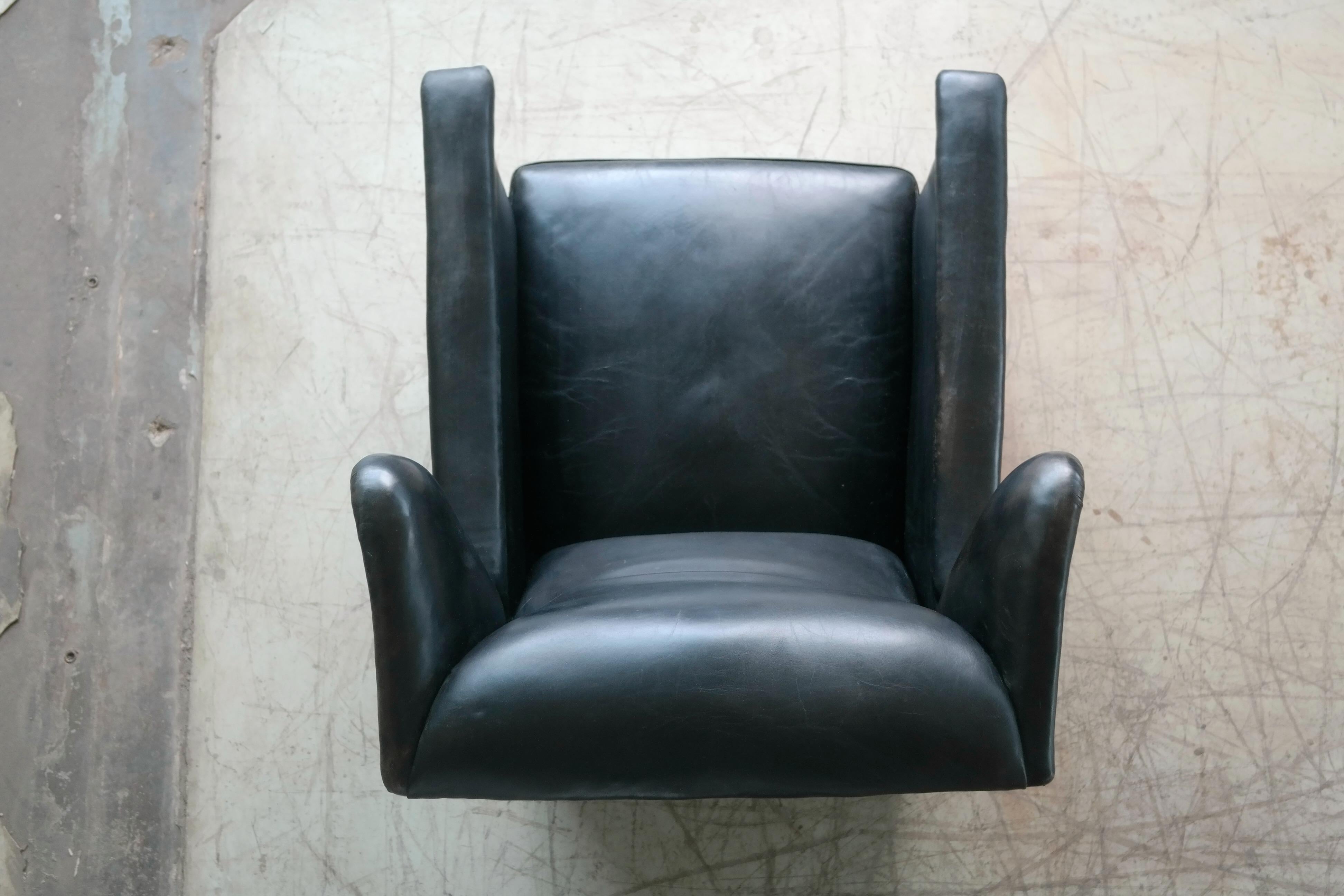 Danish 1930s Large Scale Club or Wingback Chair in Black Leather and Carved Oak 6