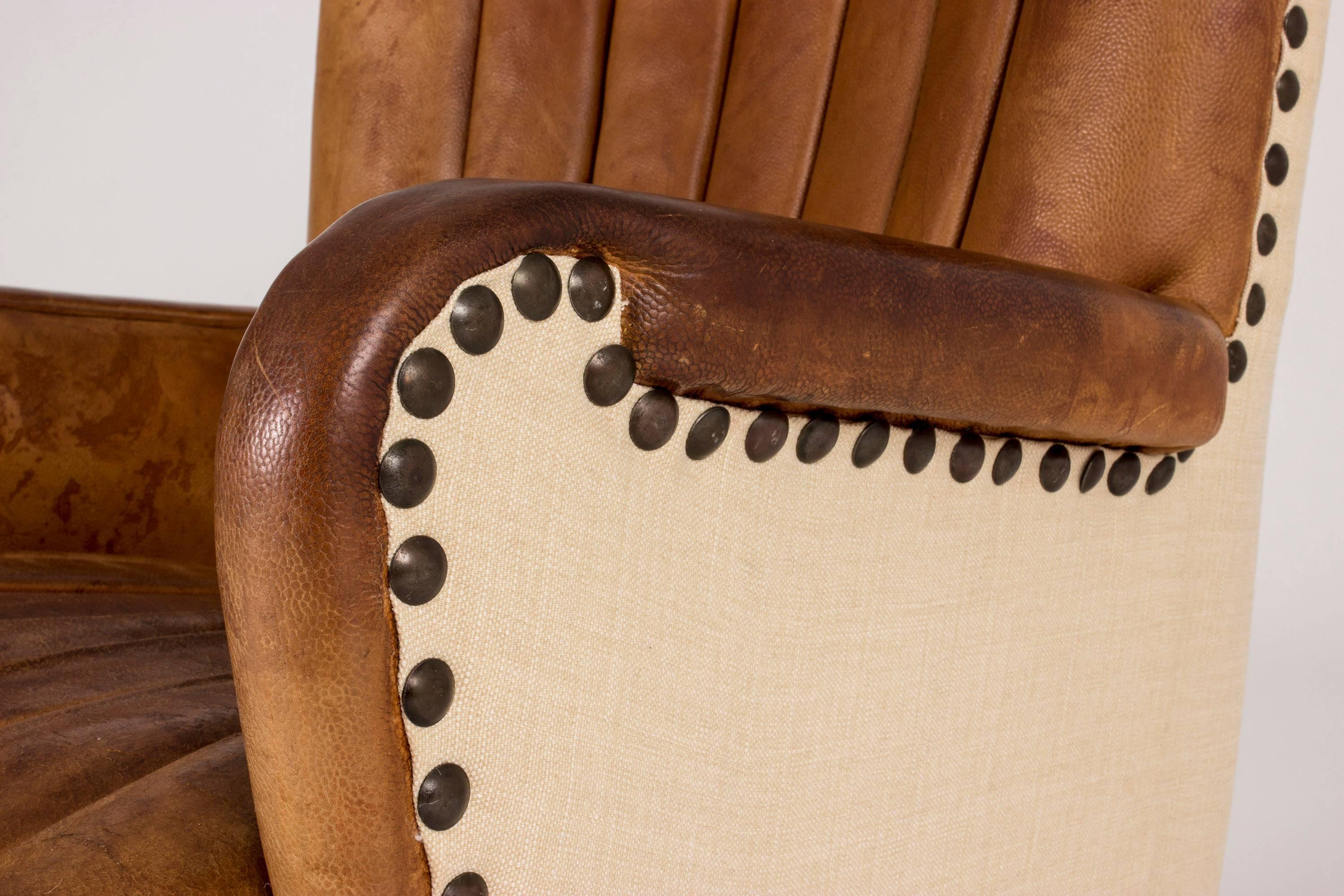 Brass Danish 1930s Leather Lounge Chair