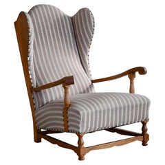 Danish 1930s Midcentury Country Style Wingback Armchair in Solid Oak 
