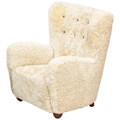 Danish 1930s Sheep Skin Lounge Chair Attributed to Fritz Hansen