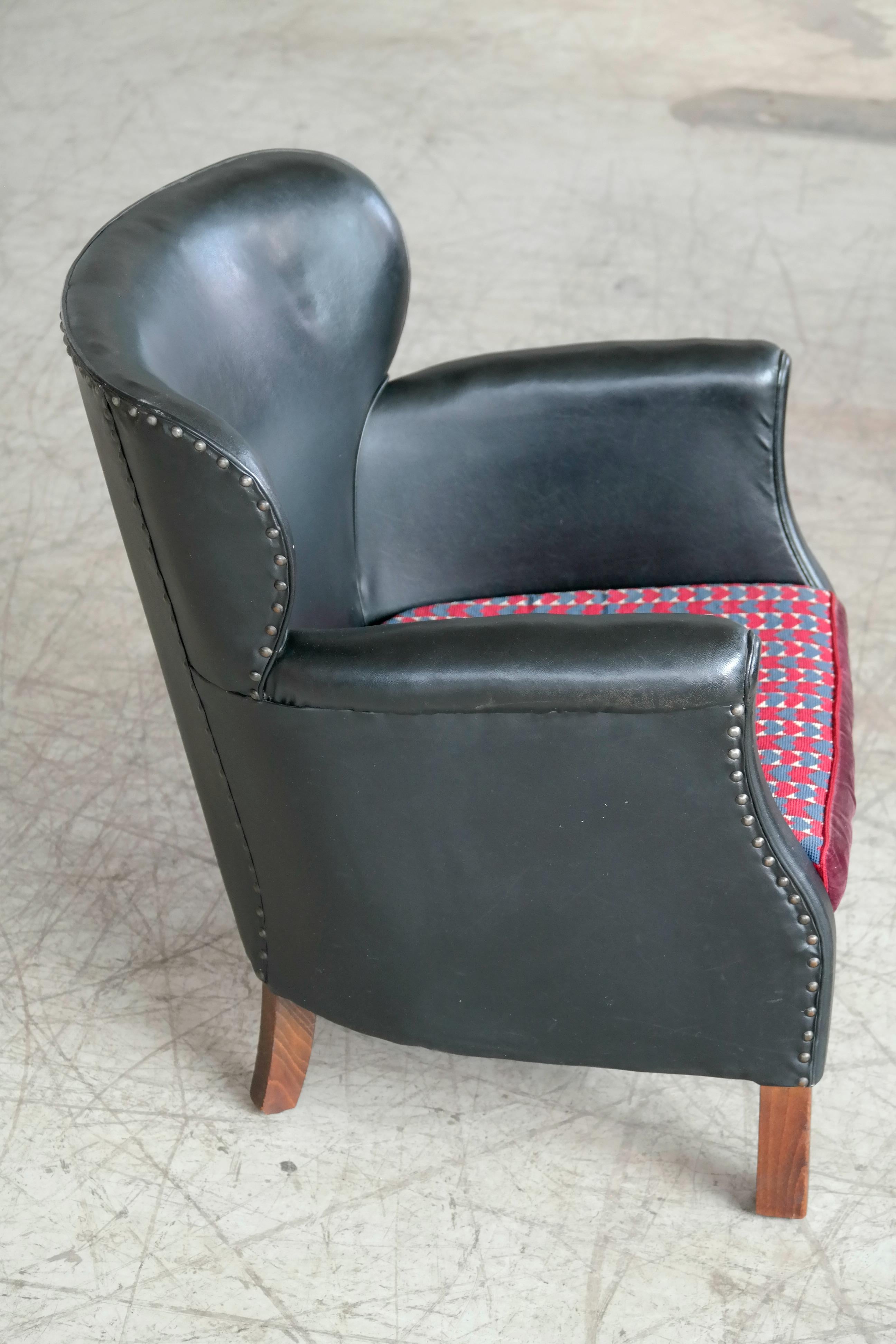 Mid-Century Modern Danish 1930s Small Scale Club Chair in Patinated Black Leather and Studs