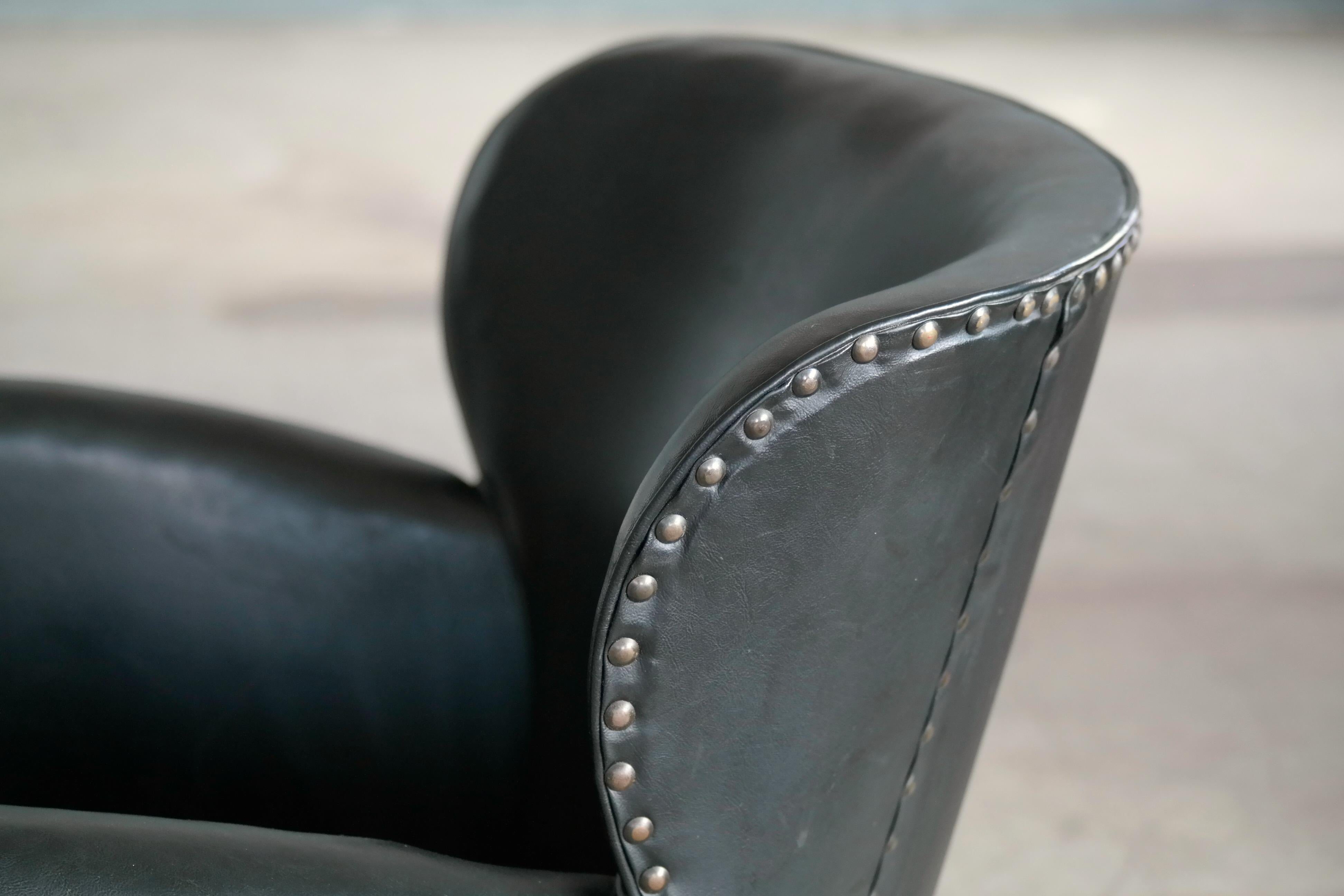 Mid-20th Century Danish 1930s Small Scale Club Chair in Patinated Black Leather and Studs