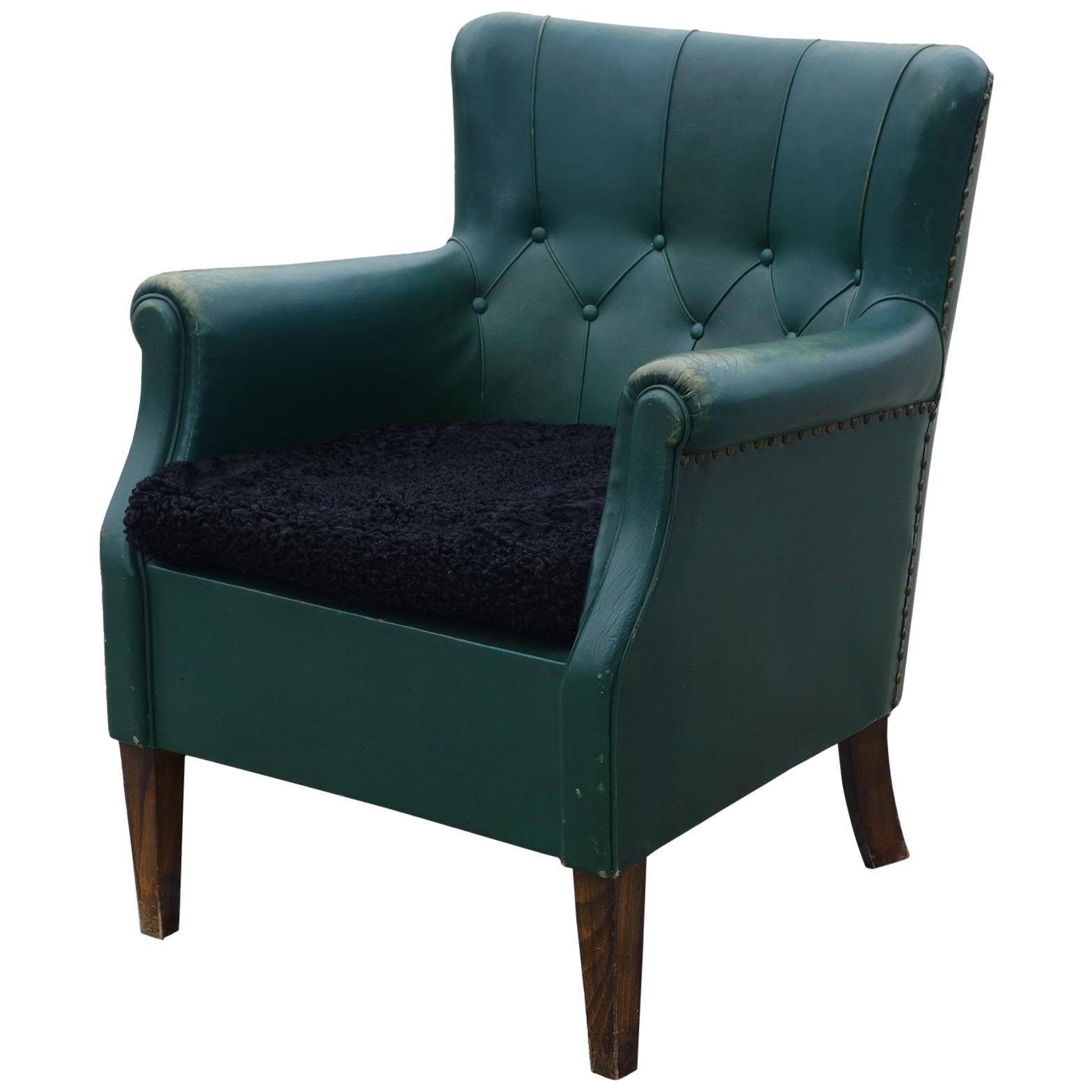 Danish 1930s Green Leather Club Chair For Sale