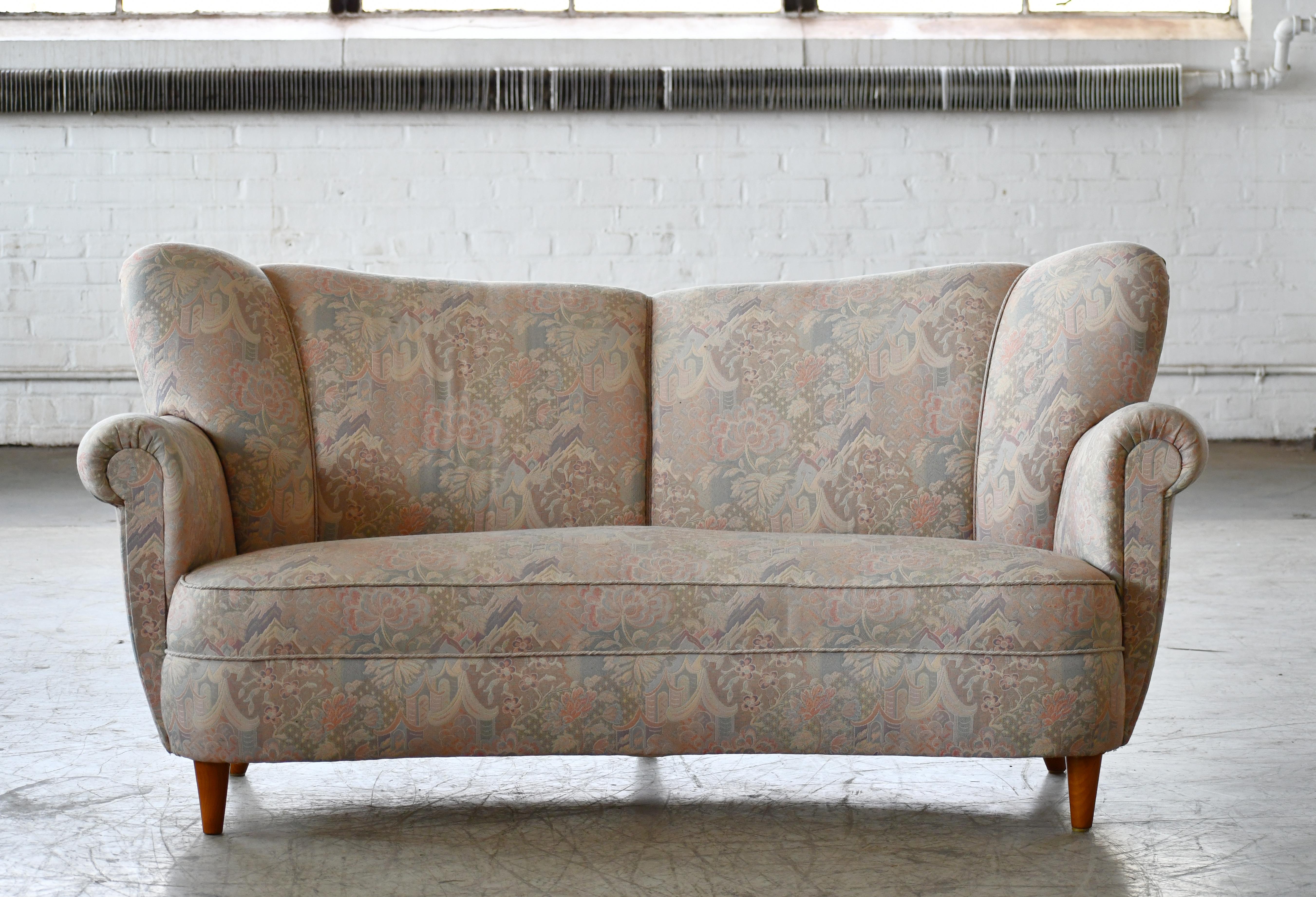 Danish 1940s Banana Form Curved Sofa or Loveseat Early Mid-Century 1