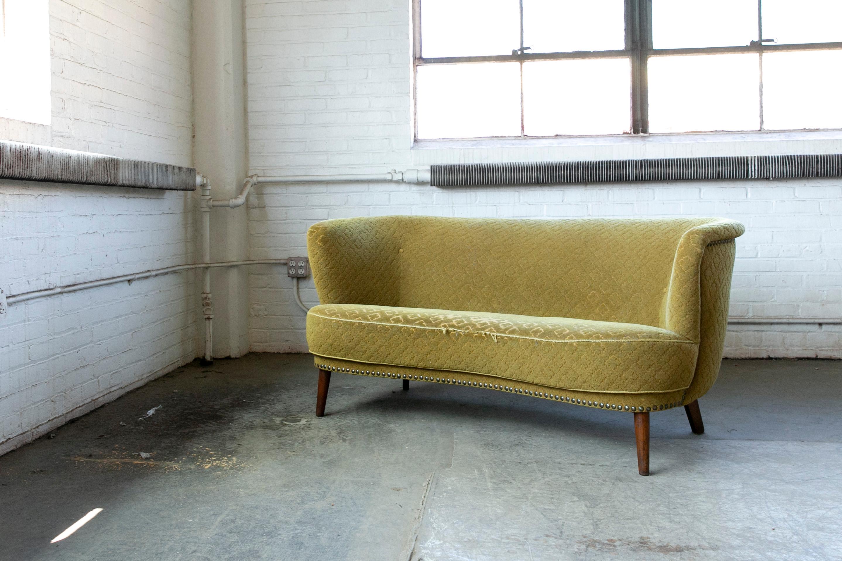 Mid-Century Modern Danish 1940s Banana Form Curved Sofa or Loveseat