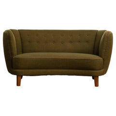 Danish 1940s Banana Form Curved Sofa or Loveseat in Green Wool