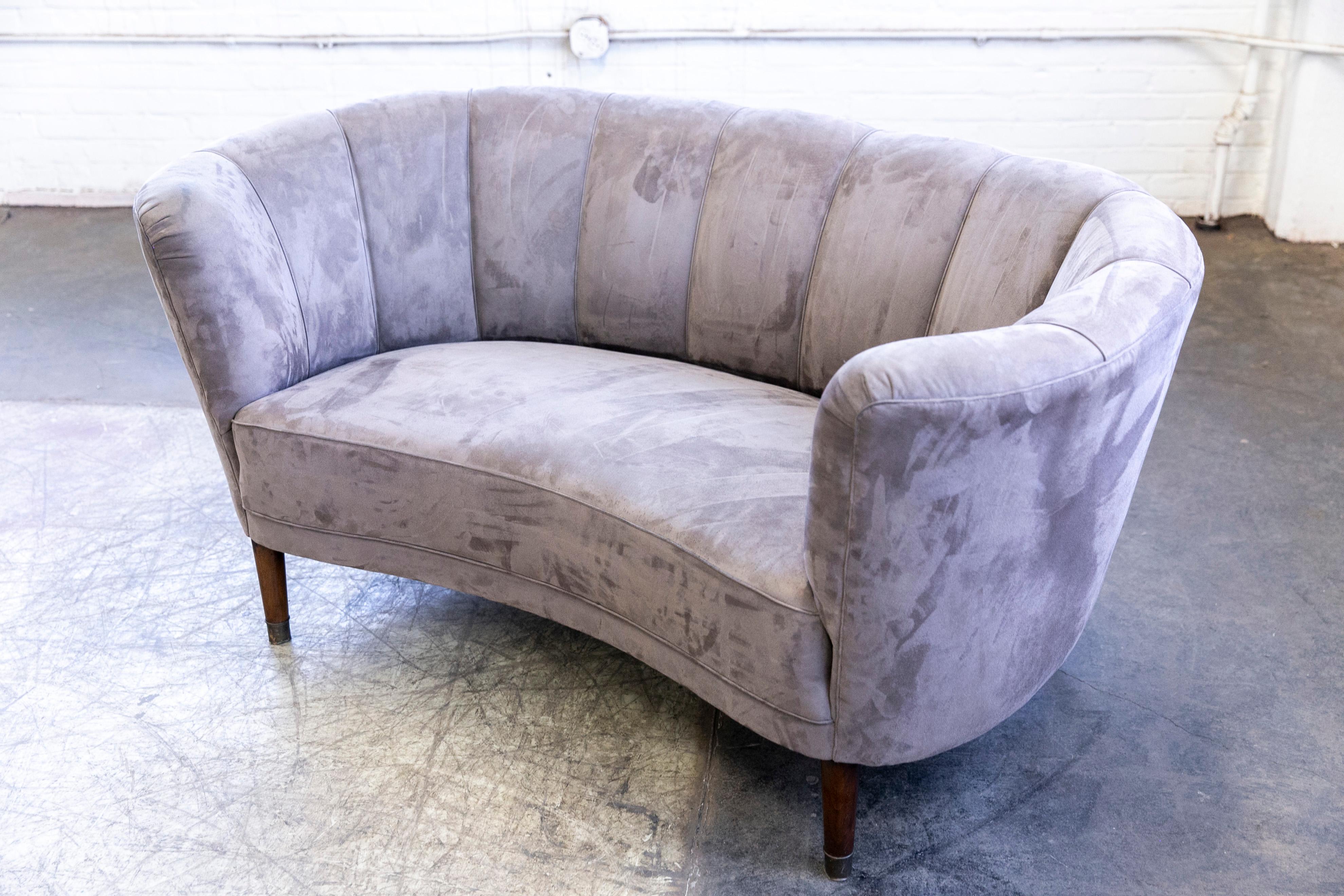 Mid-20th Century Danish 1940s Banana Form Curved Sofa or Loveseat in Grey Ultrasuede