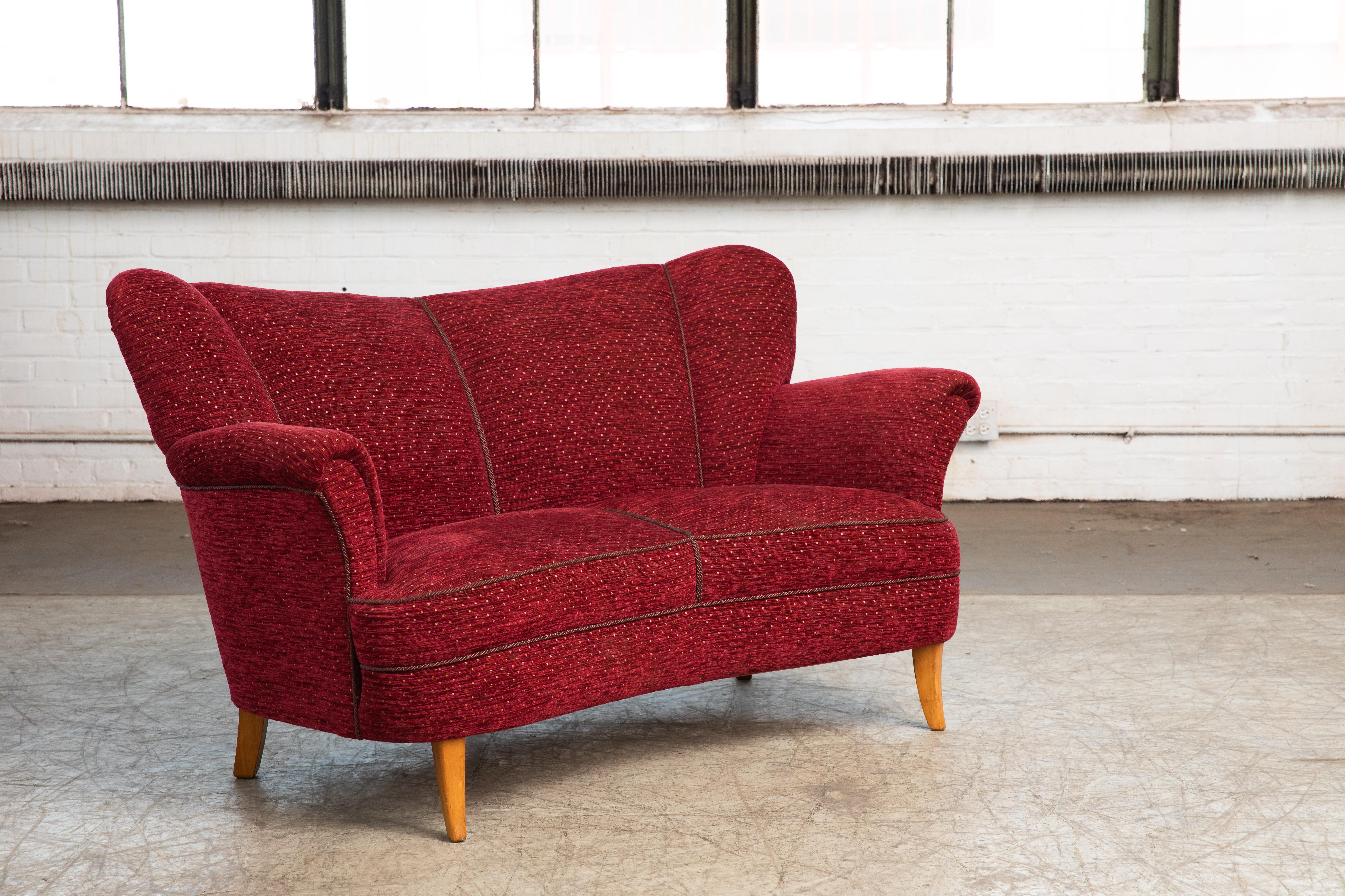 Danish 1940s Banana Form Curved Sofa or Loveseat in Red Mohair 4