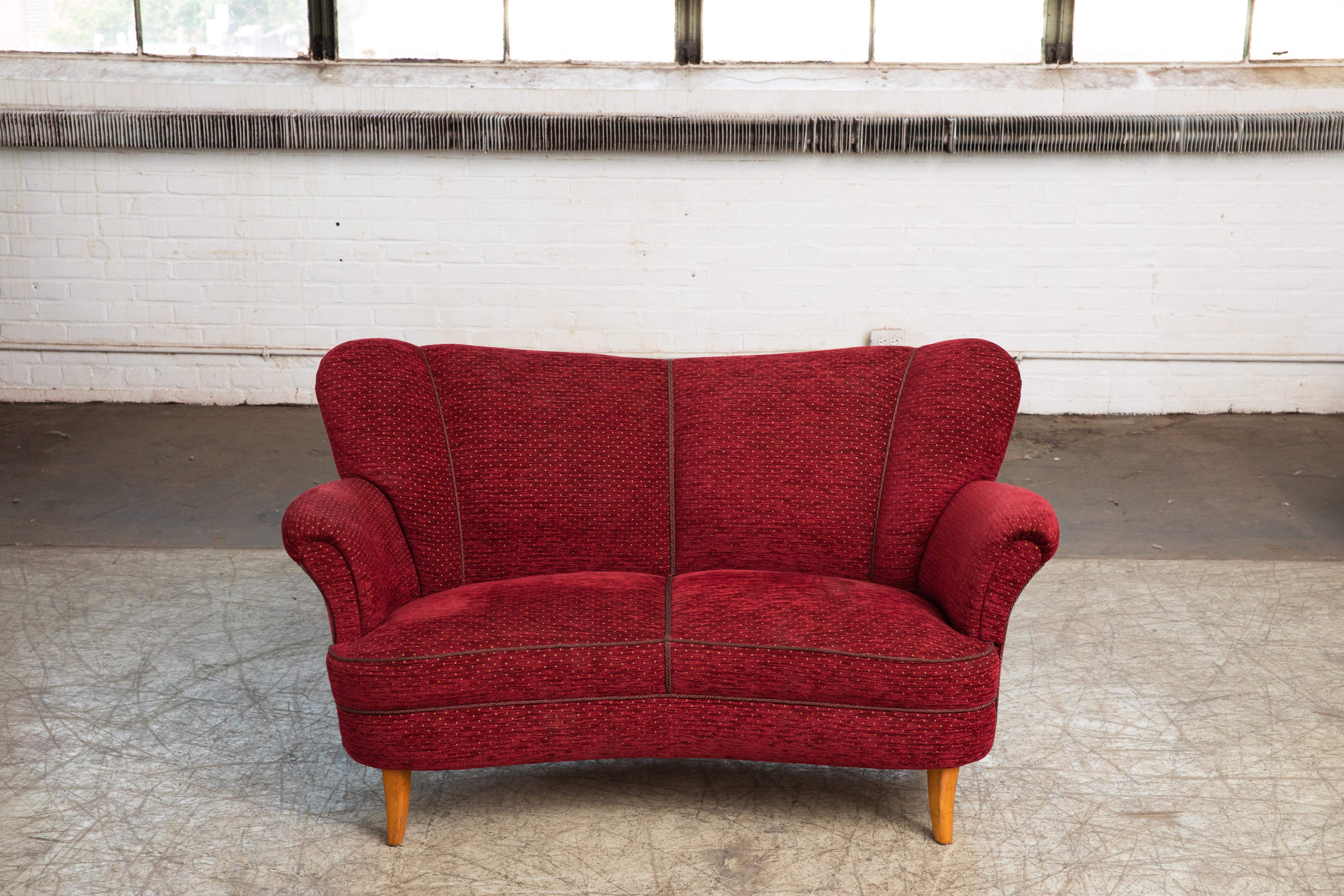 Mid-Century Modern Danish 1940s Banana Form Curved Sofa or Loveseat in Red Mohair