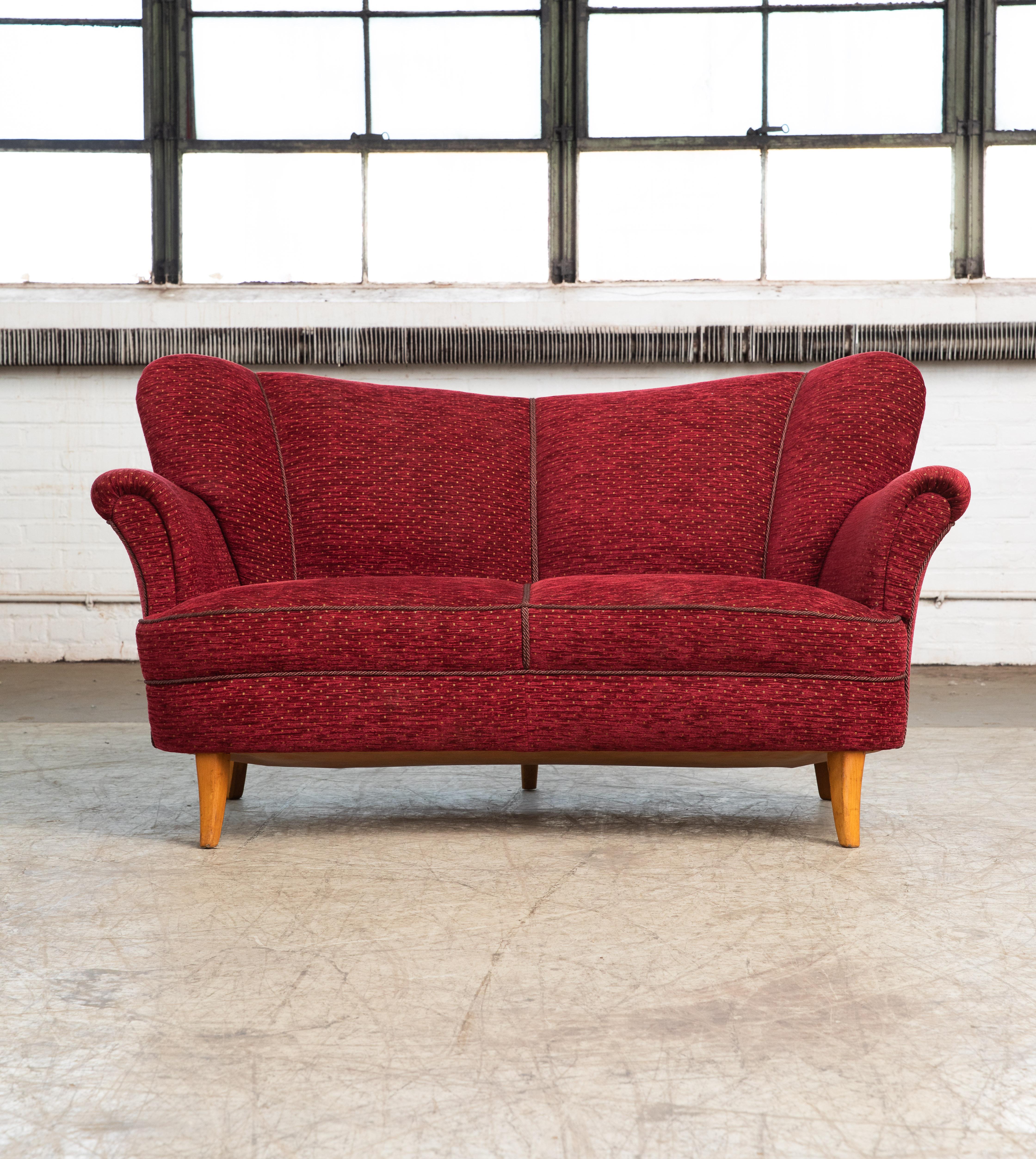 Swedish Danish 1940s Banana Form Curved Sofa or Loveseat in Red Mohair