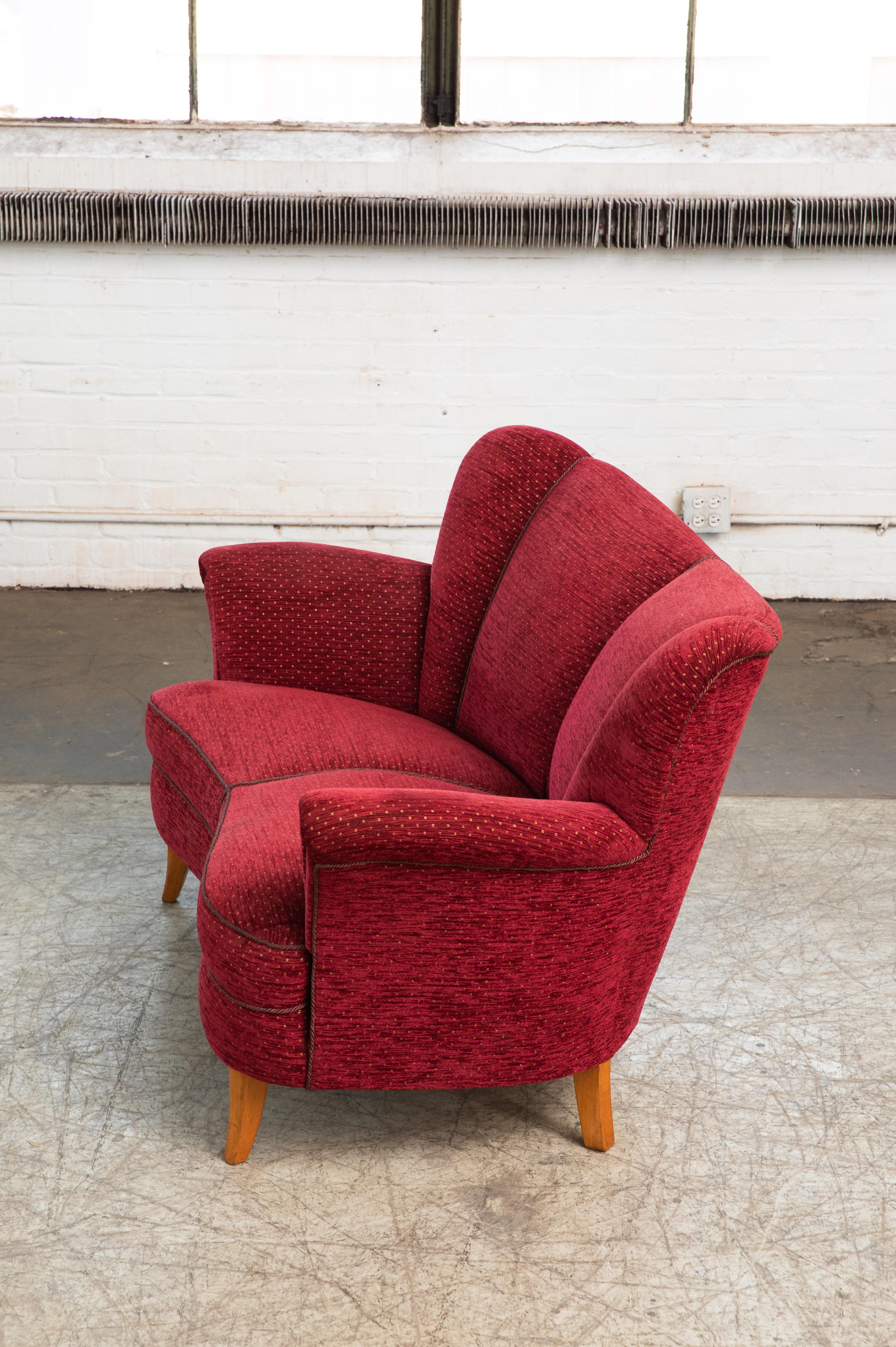 Mid-20th Century Danish 1940s Banana Form Curved Sofa or Loveseat in Red Mohair