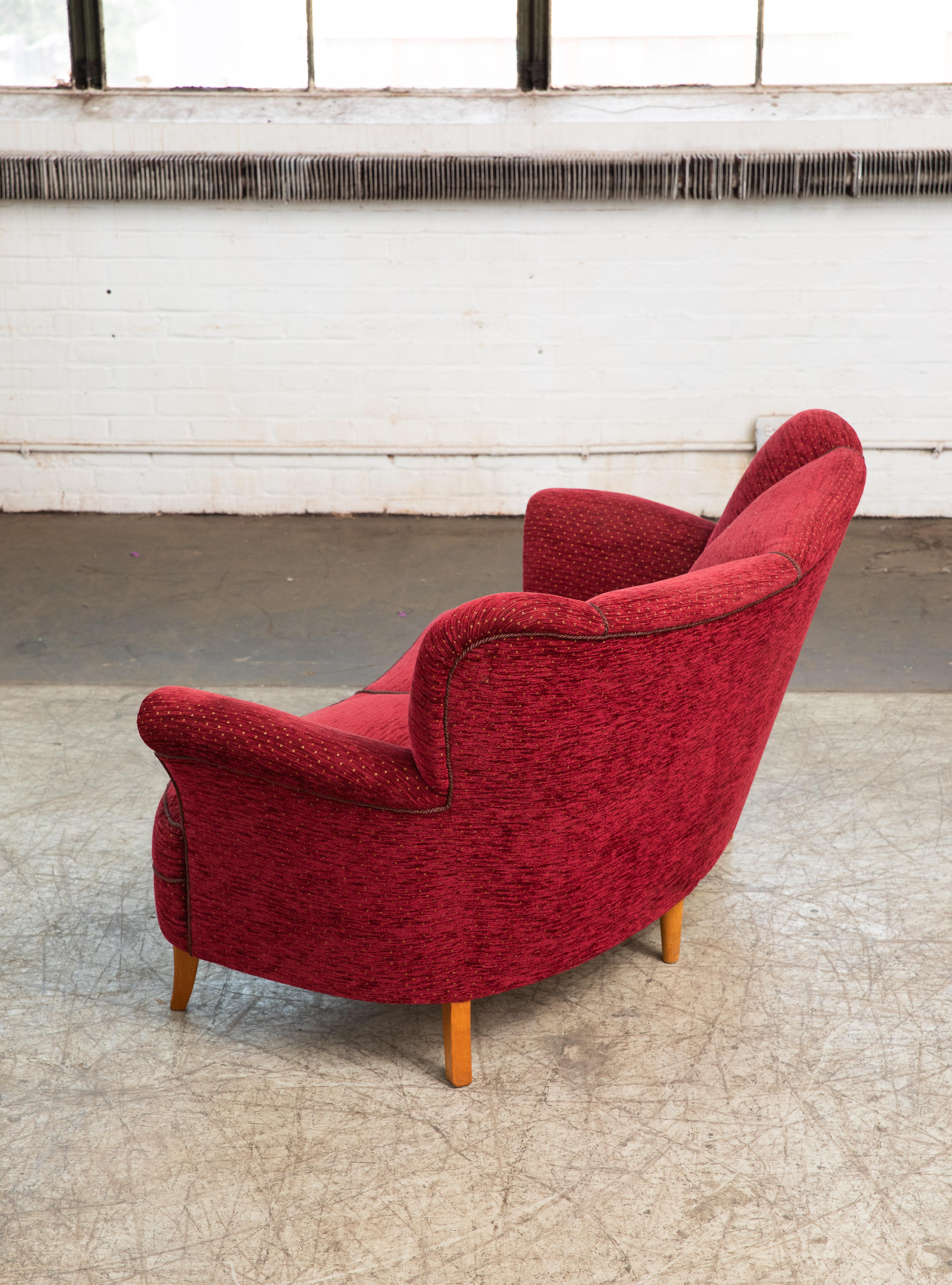 Danish 1940s Banana Form Curved Sofa or Loveseat in Red Mohair 1