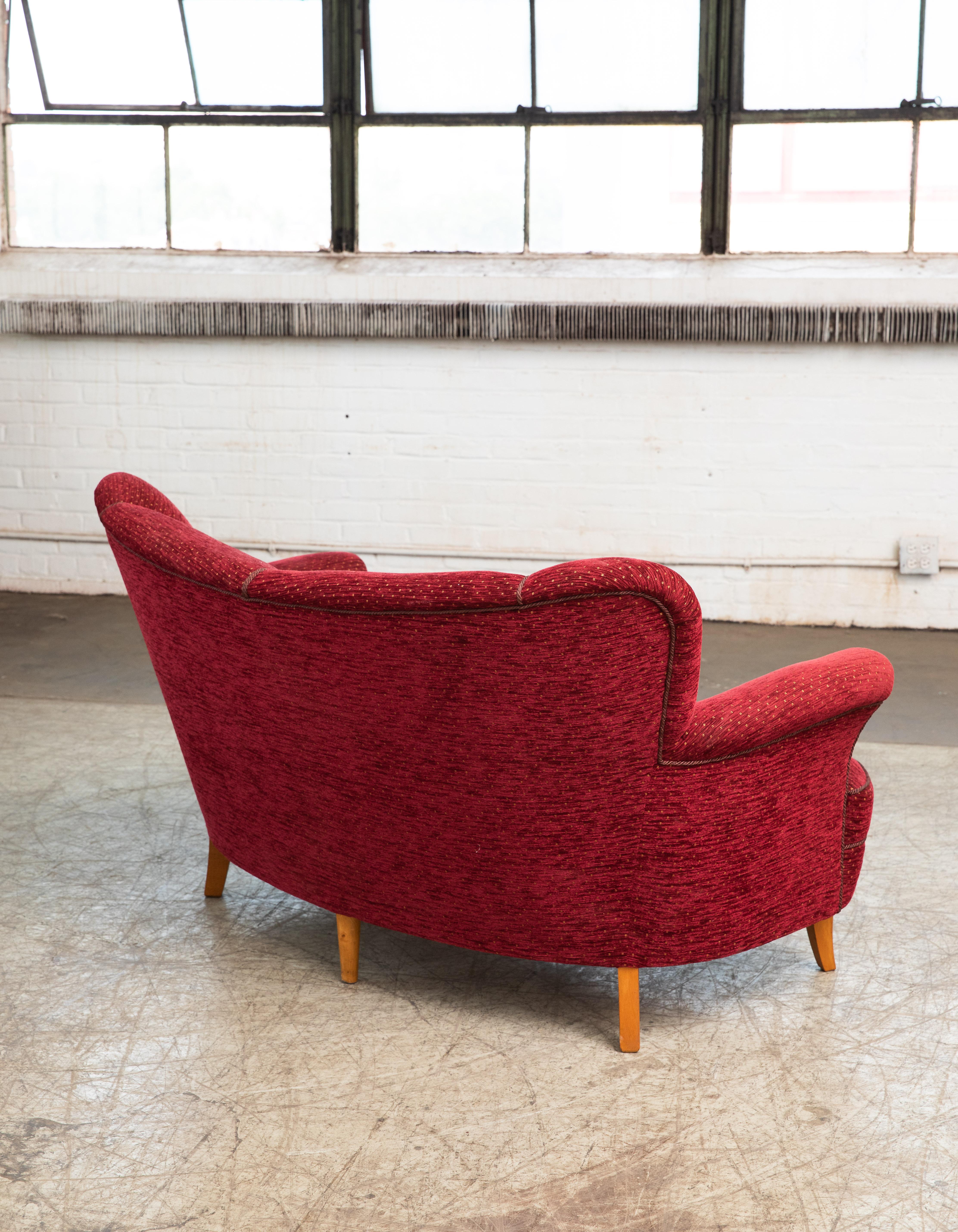 Danish 1940s Banana Form Curved Sofa or Loveseat in Red Mohair 2
