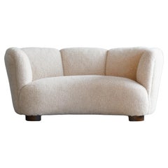Danish 1940s Banana Shaped Curved Channel Back Loveseat in Beige Lambswool