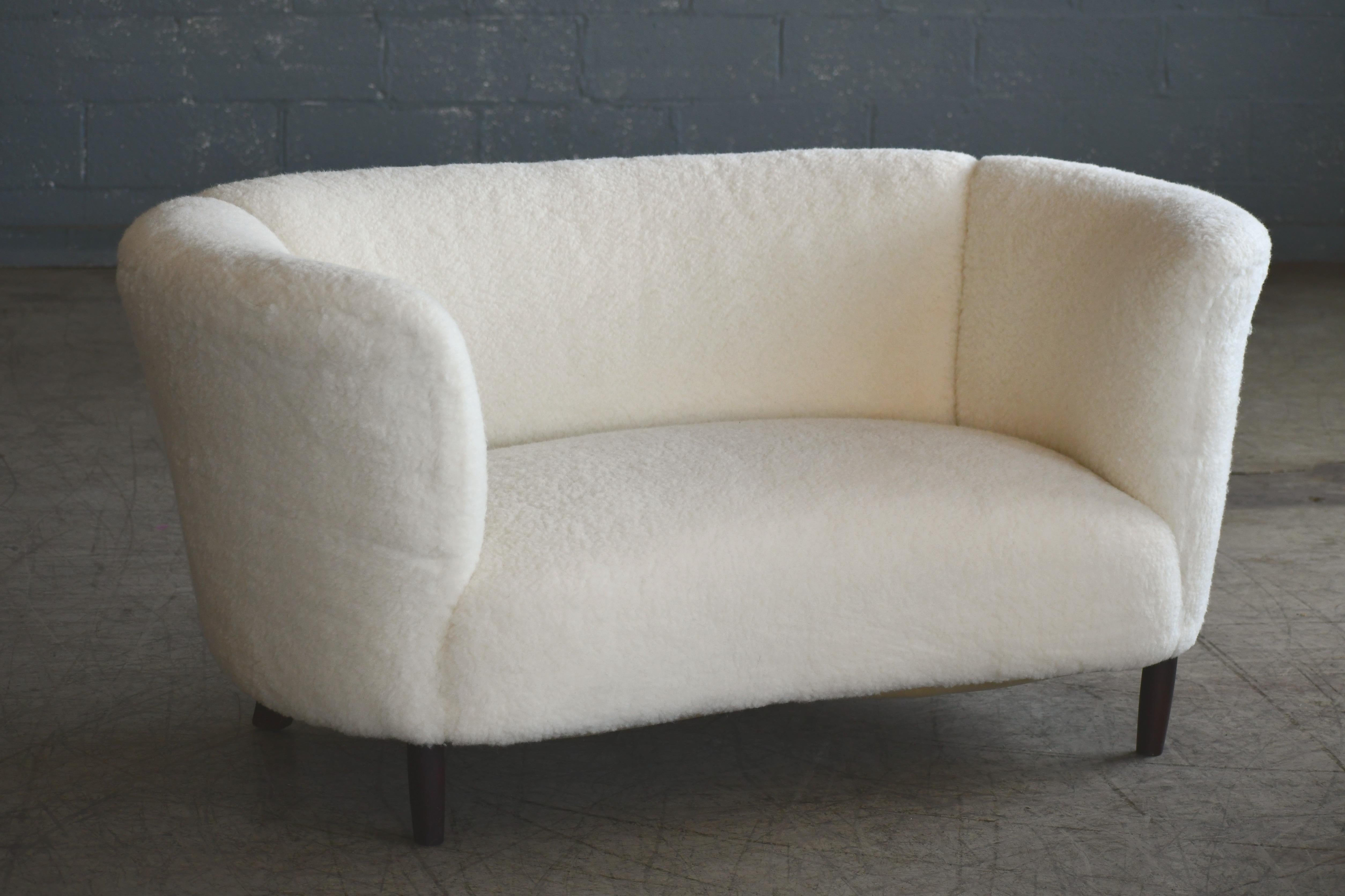 Danish 1940s Banana Shaped Curved Loveseat Covered in Lambswool In Good Condition In Bridgeport, CT