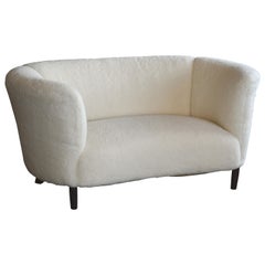 Danish 1940s Banana Shaped Curved Loveseat Covered in Lambswool