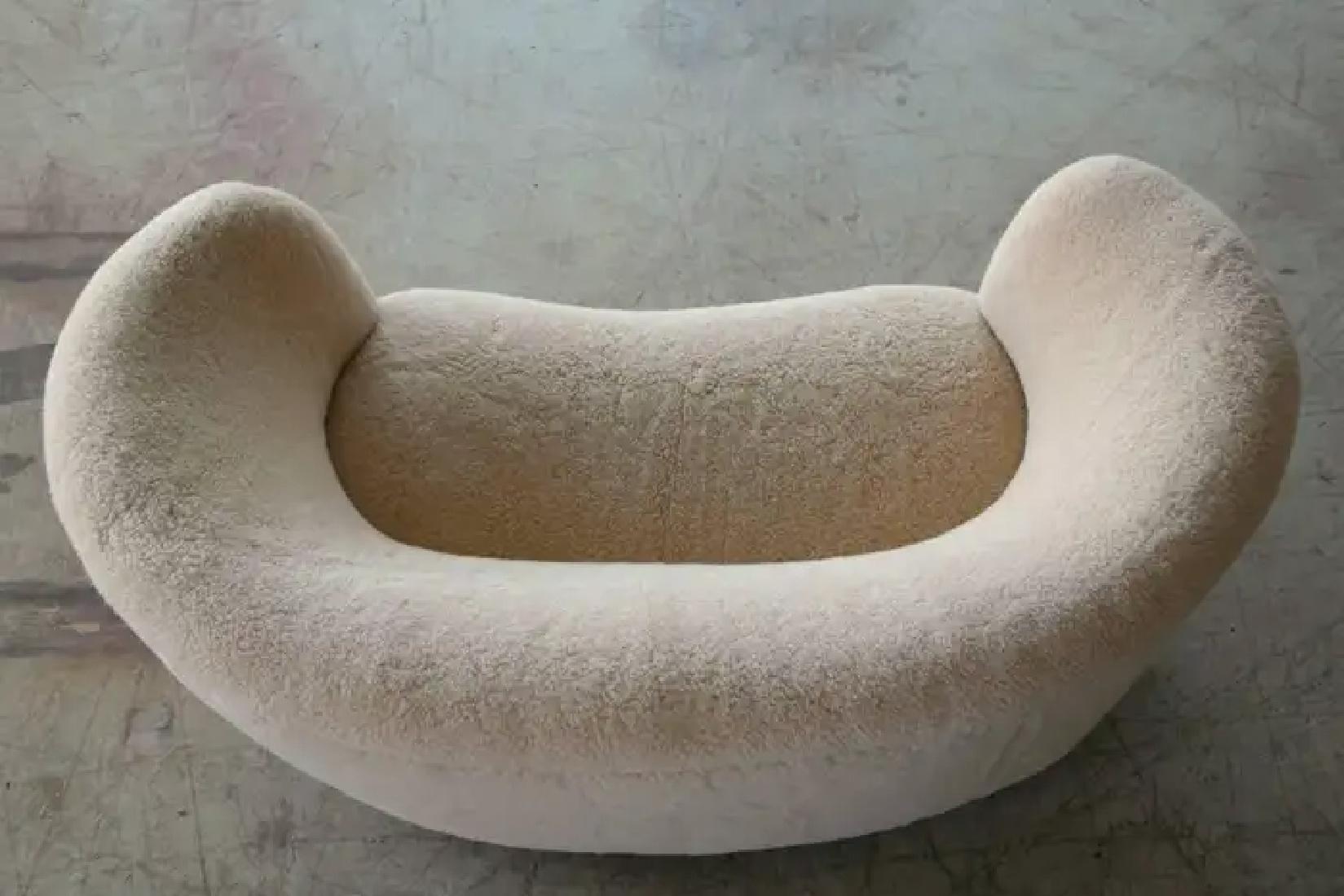 Wool Danish 1940s Banana Shaped Curved Loveseat in Beige Lambswool For Sale