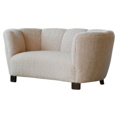 Danish 1940s Banana Shaped Curved Loveseat in Beige Lambswool