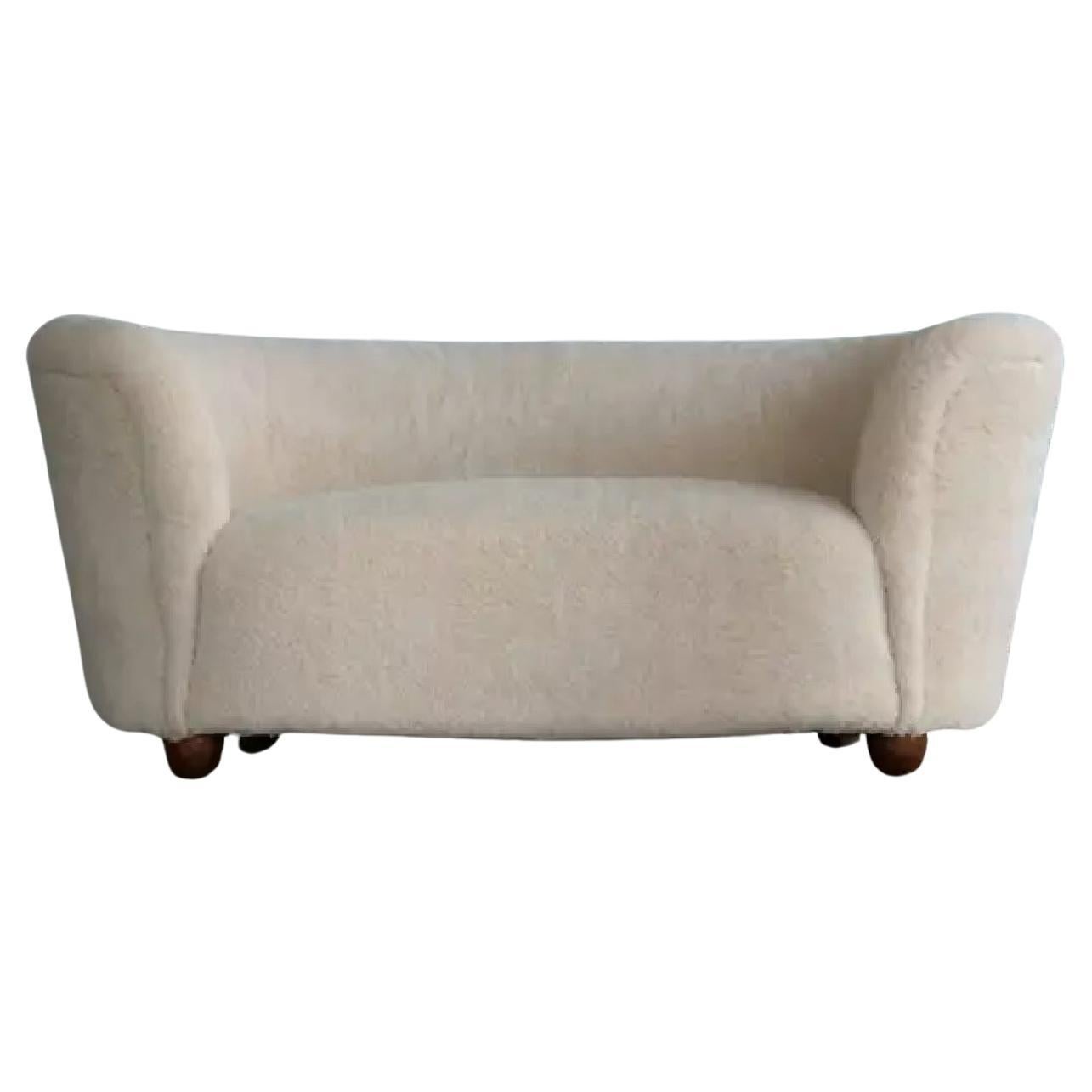 Danish 1940s Banana Shaped Curved Loveseat in Beige Lambswool For Sale
