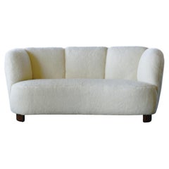 Vintage Danish 1940s Banana Shaped Curved Loveseat in White Lambswool