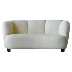 Danish 1940s Banana Shaped Curved Loveseat in White Lambswool