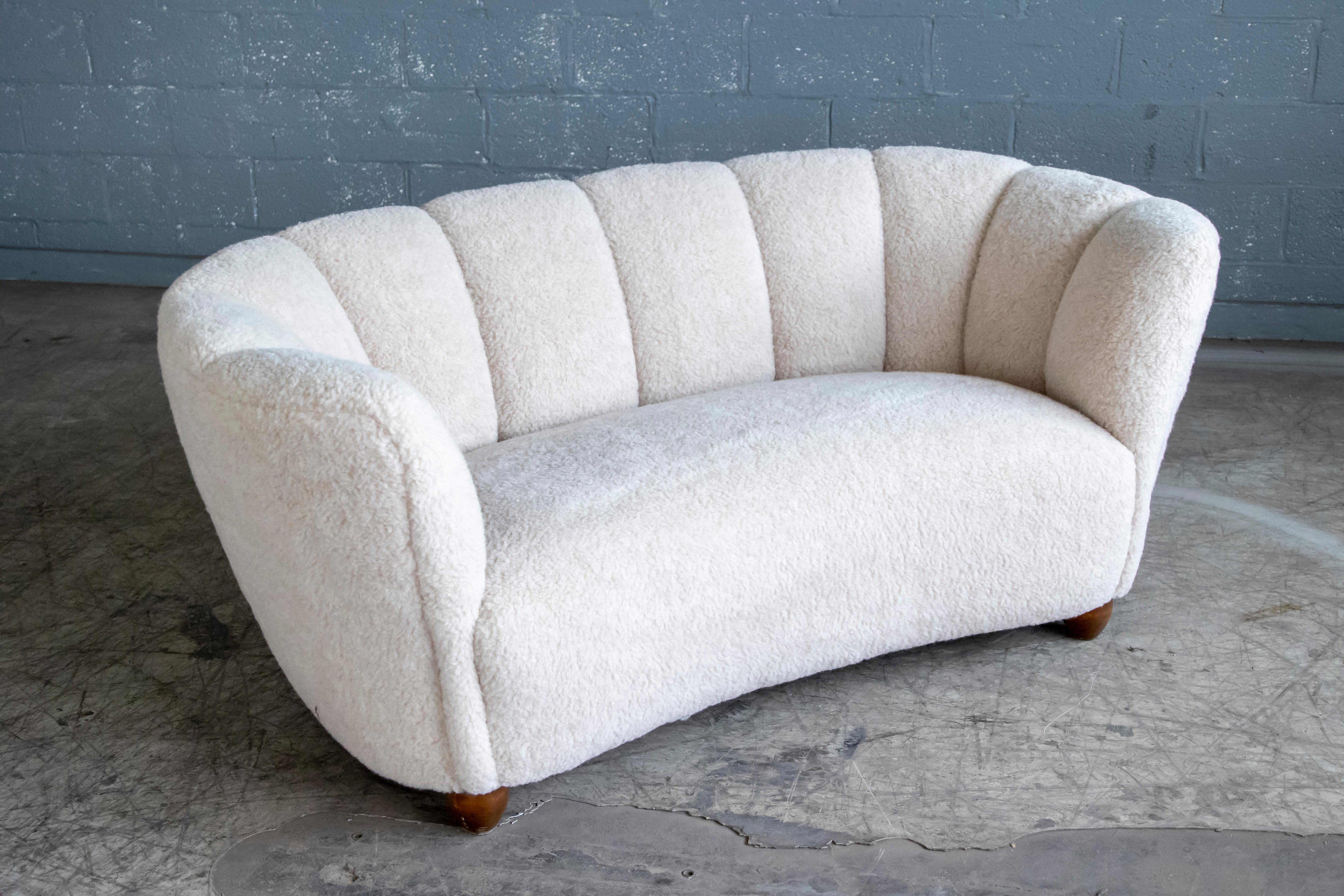 Danish 1940's Banana Shaped Curved Loveseat or Sofa Covered in Beige Lambswool 5