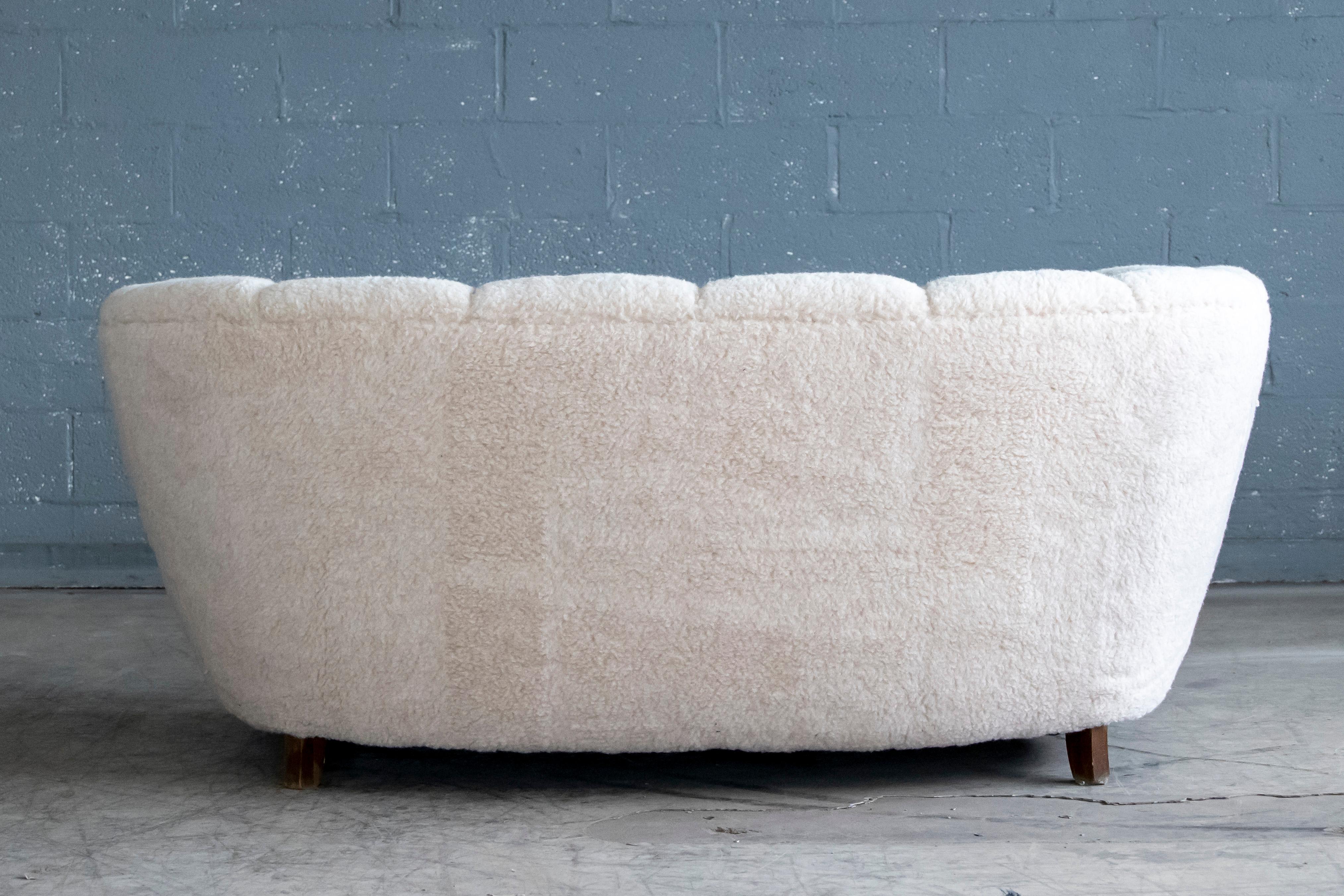 Danish 1940's Banana Shaped Curved Loveseat or Sofa Covered in Beige Lambswool 6