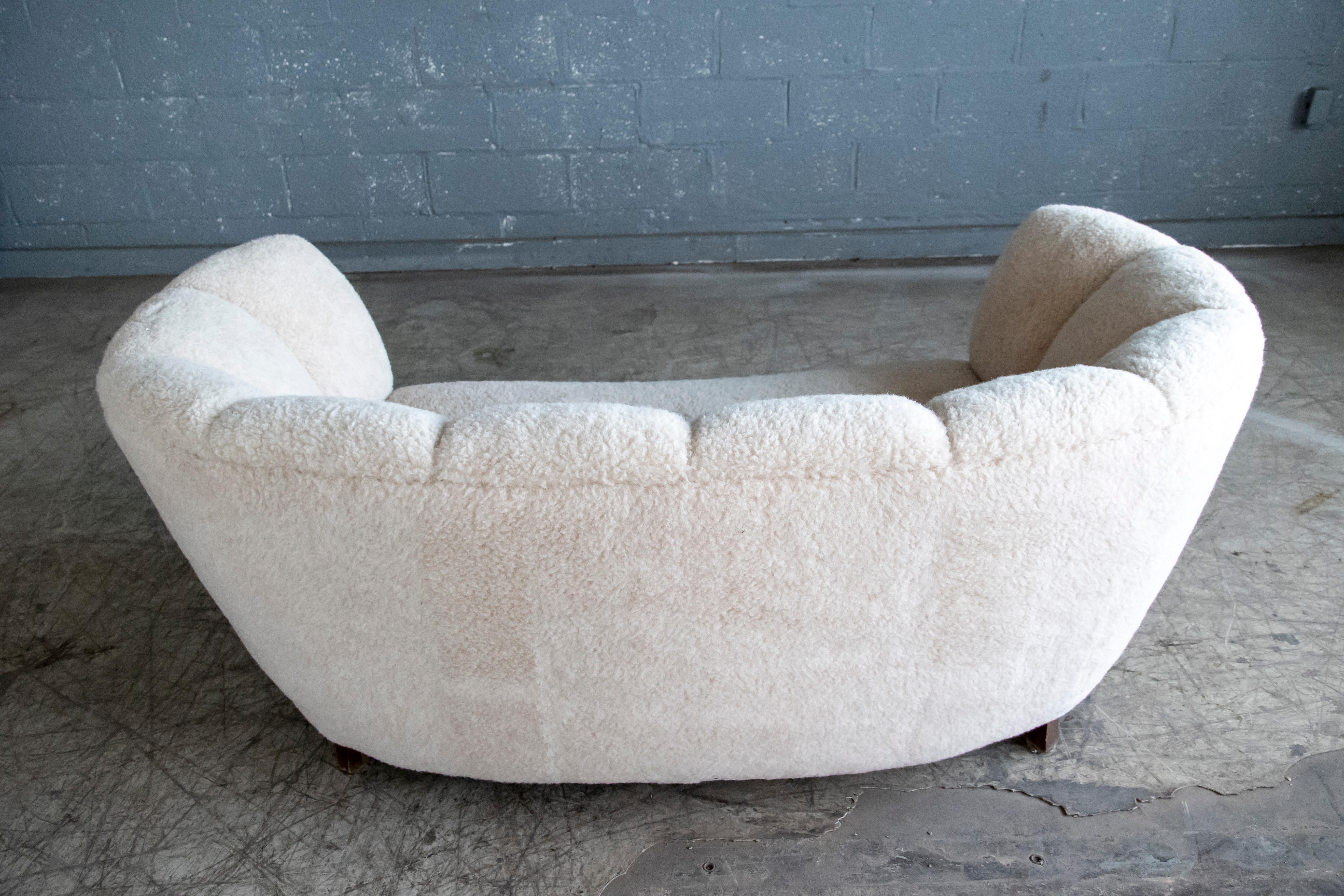 Danish 1940's Banana Shaped Curved Loveseat or Sofa Covered in Beige Lambswool 7