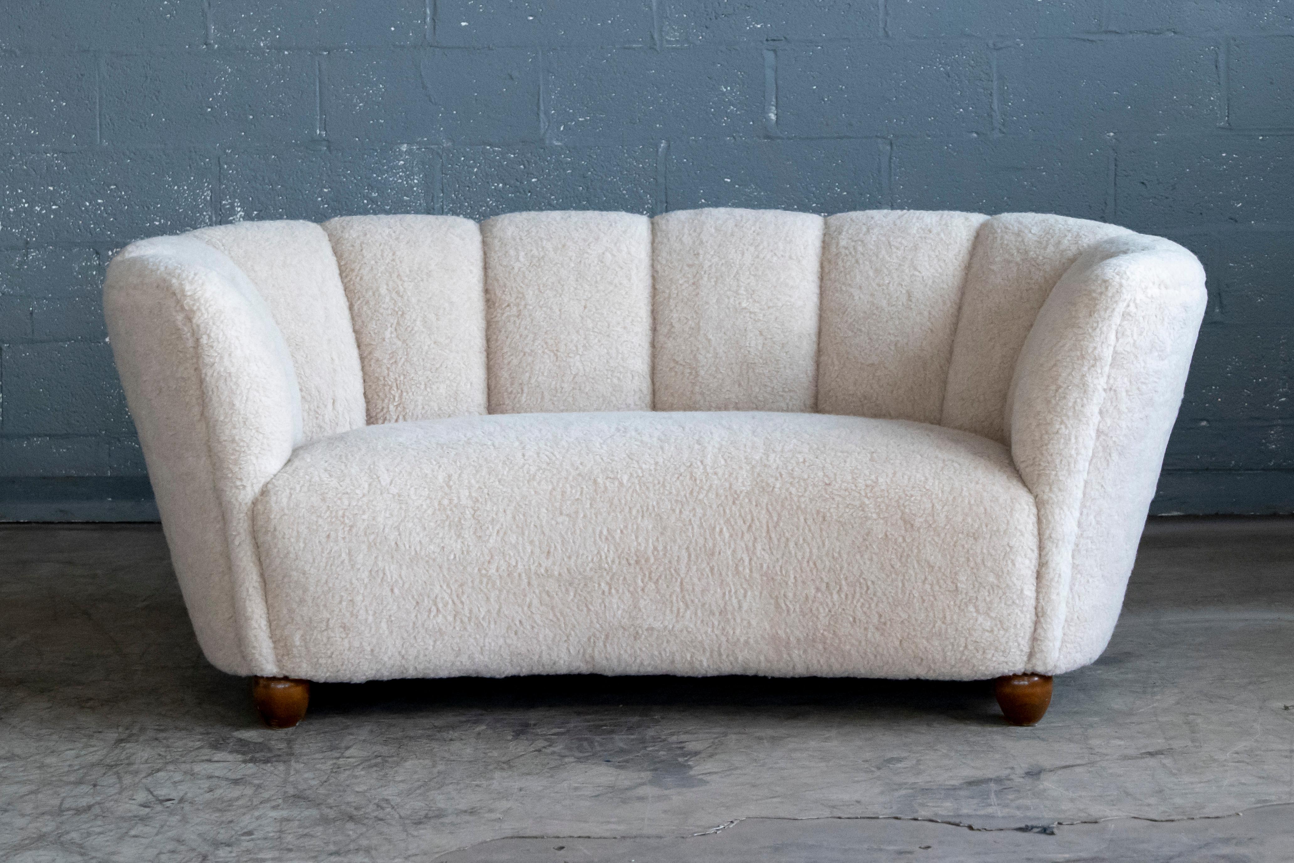 Danish 1940's Banana Shaped Curved Loveseat or Sofa Covered in Beige Lambswool In Excellent Condition In Bridgeport, CT