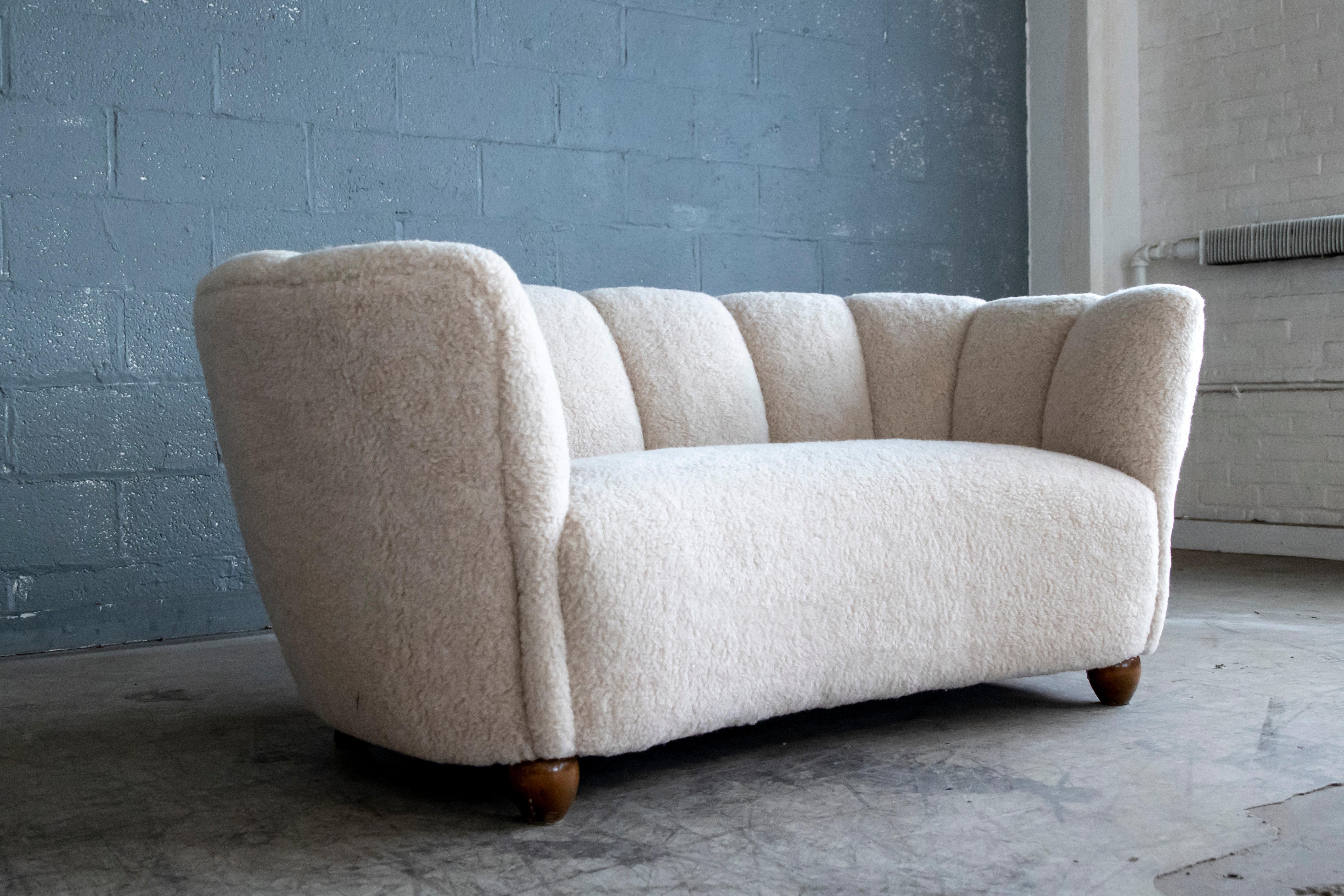 Danish 1940's Banana Shaped Curved Loveseat or Sofa Covered in Beige Lambswool 1