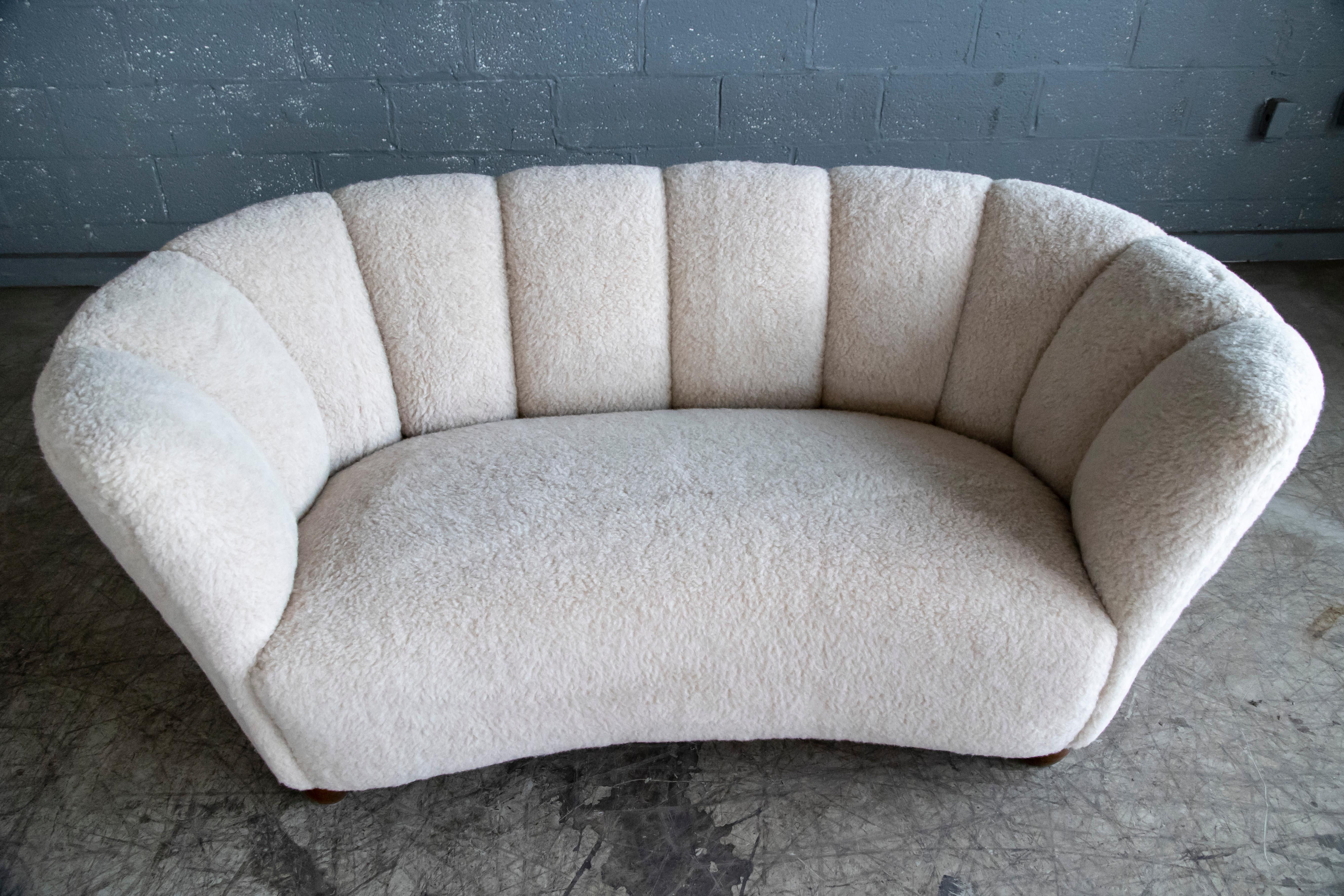 Danish 1940's Banana Shaped Curved Loveseat or Sofa Covered in Beige Lambswool 3