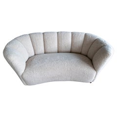 Danish 1940's Banana Shaped Curved Loveseat or Sofa Covered in Beige Lambswool