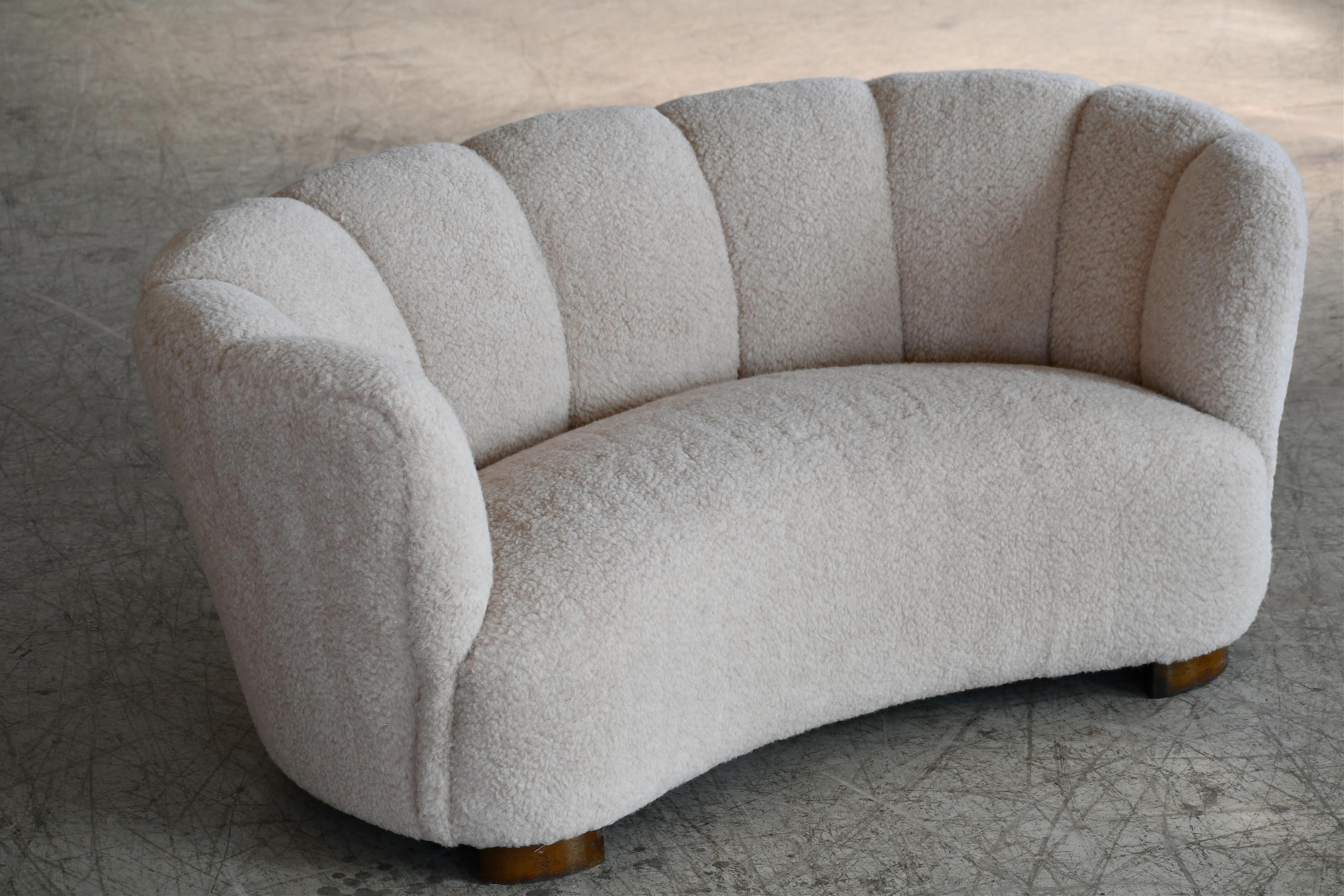 Danish 1940's Banana Shaped Curved Loveseat or Sofa Covered in Beige Lambswool 4