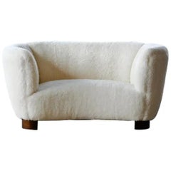 Danish 1940's Banana Shaped Curved Loveseat or Sofa Covered in Lambswool